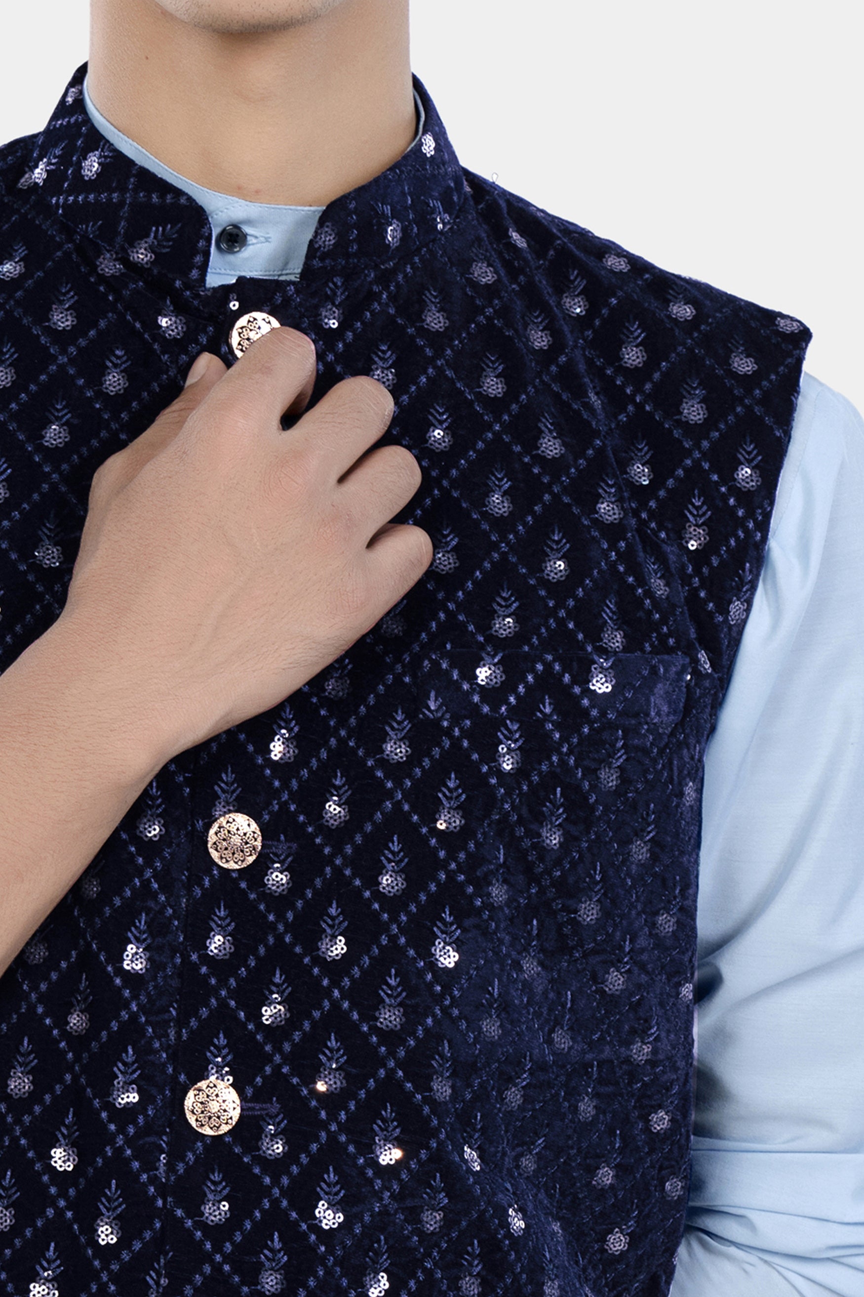Haiti and Rhino Blue Geometric Thread and Sequin Embroidered Designer Nehru Jacket