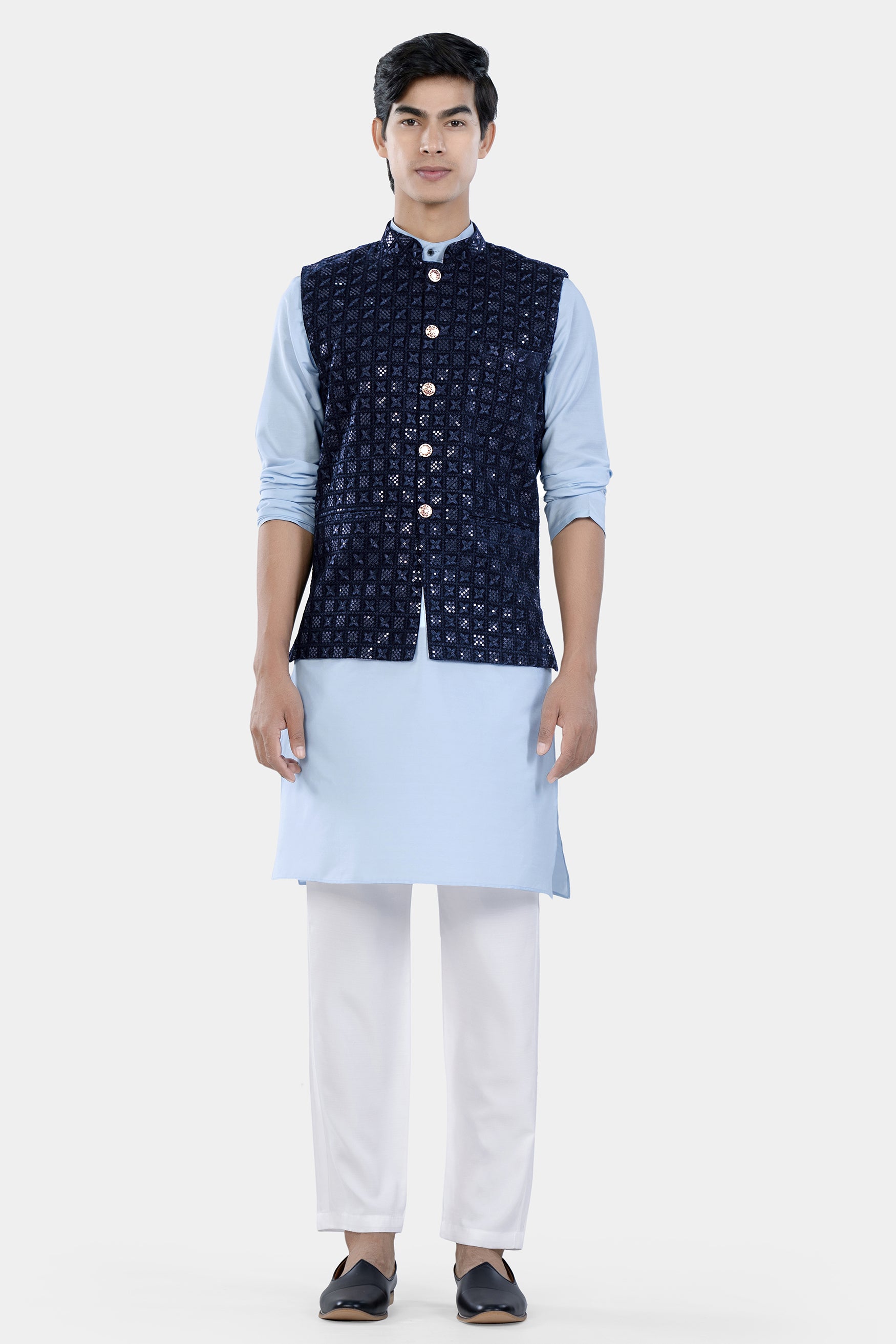 Midnight Blue Geometric Thread and Sequin Embroidered Designer Nehru Jacket
