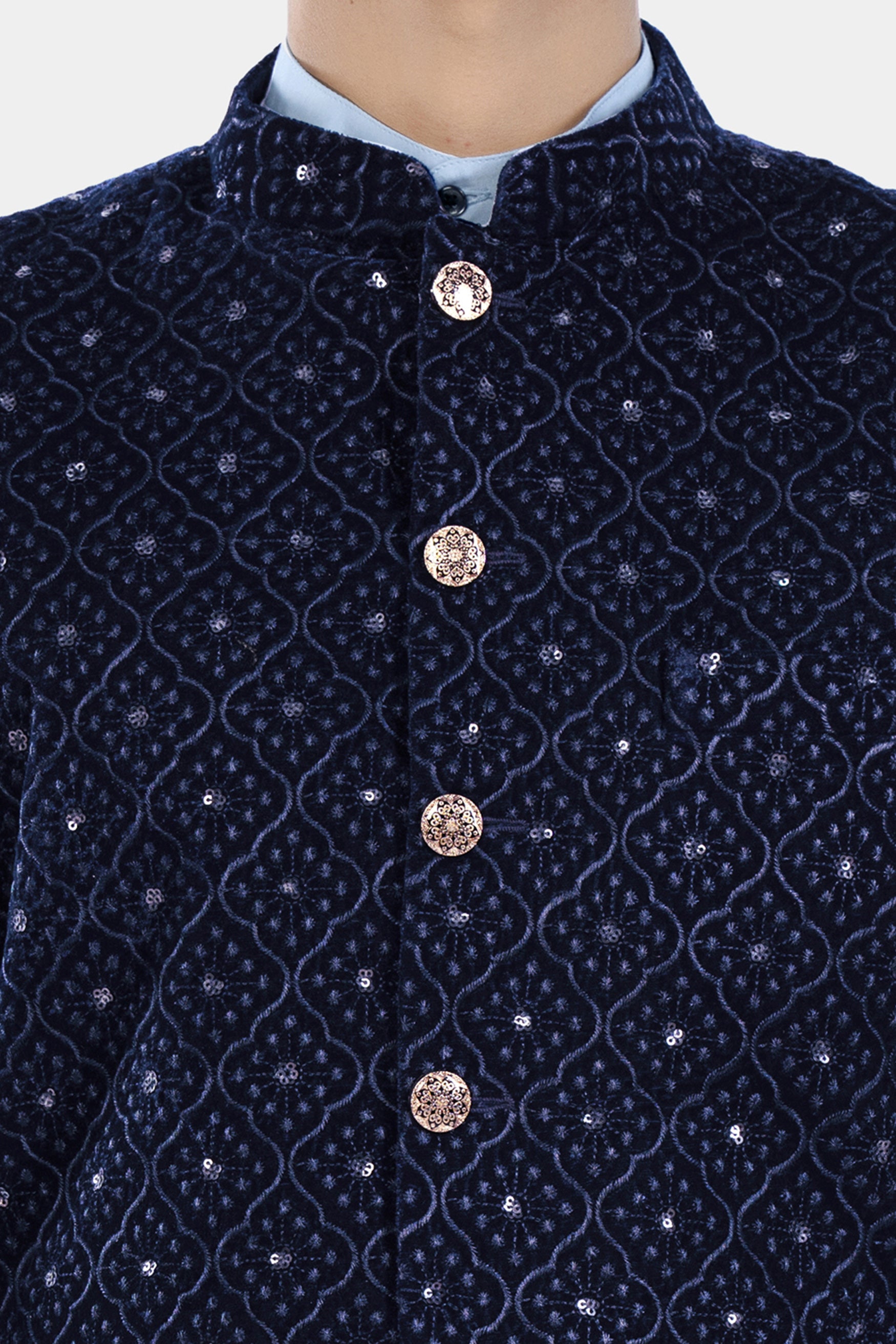 Haiti and Astros Blue Moroccan Thread and Sequin Embroidered Nehru Jacket