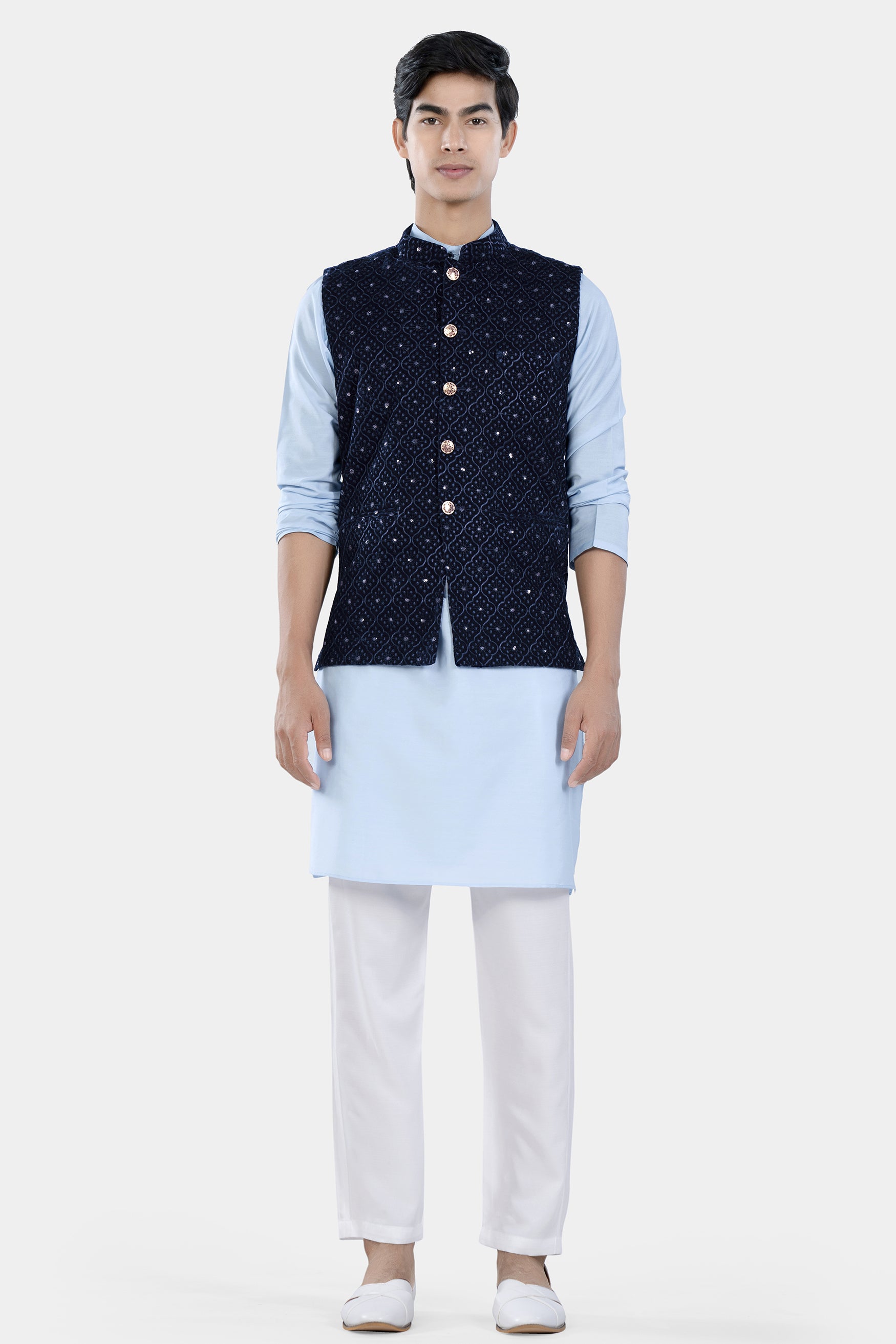 Haiti and Astros Blue Moroccan Thread and Sequin Embroidered Nehru Jacket