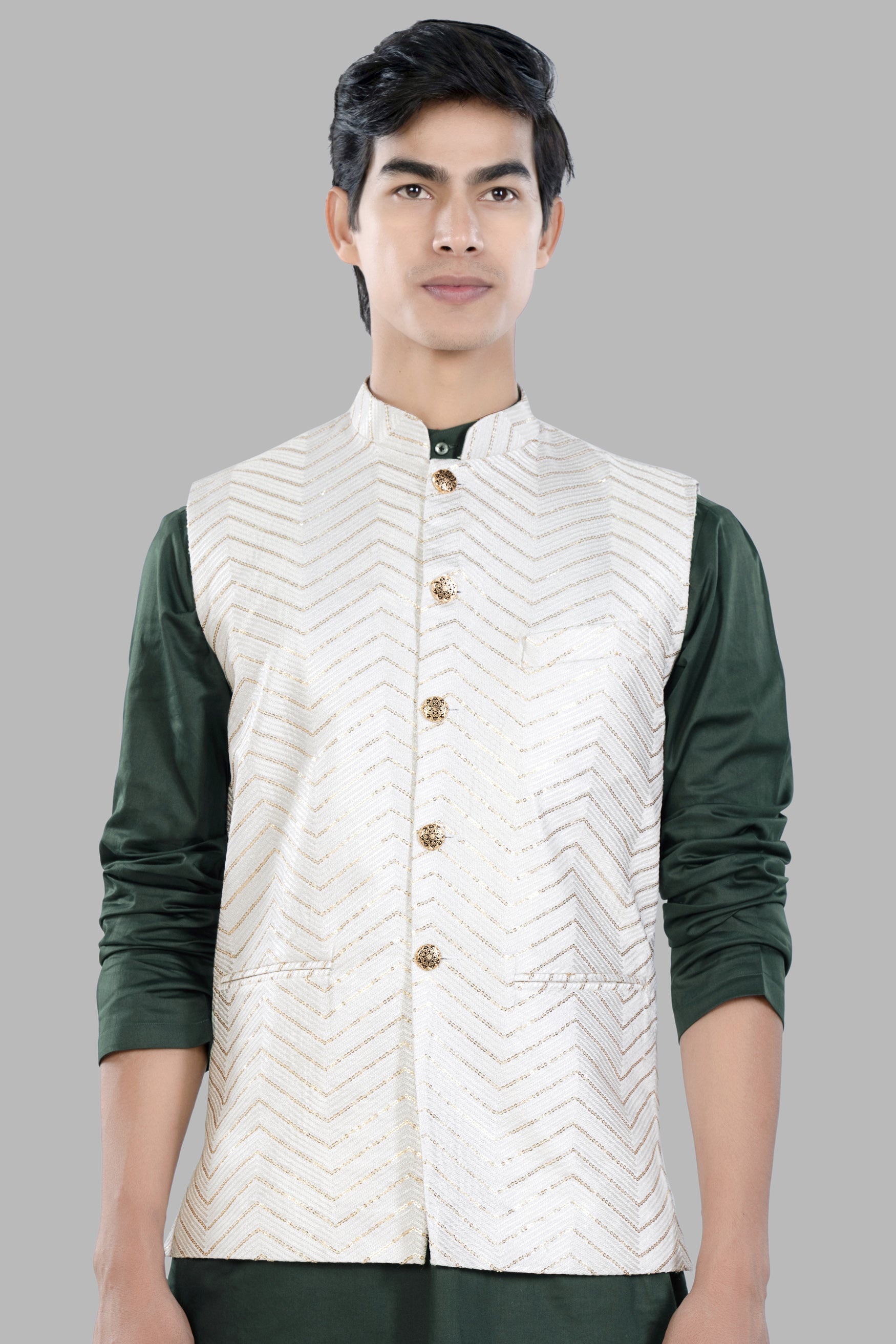 Bright White Chevron Sequin and Thread Embroidered Designer Nehru Jacket