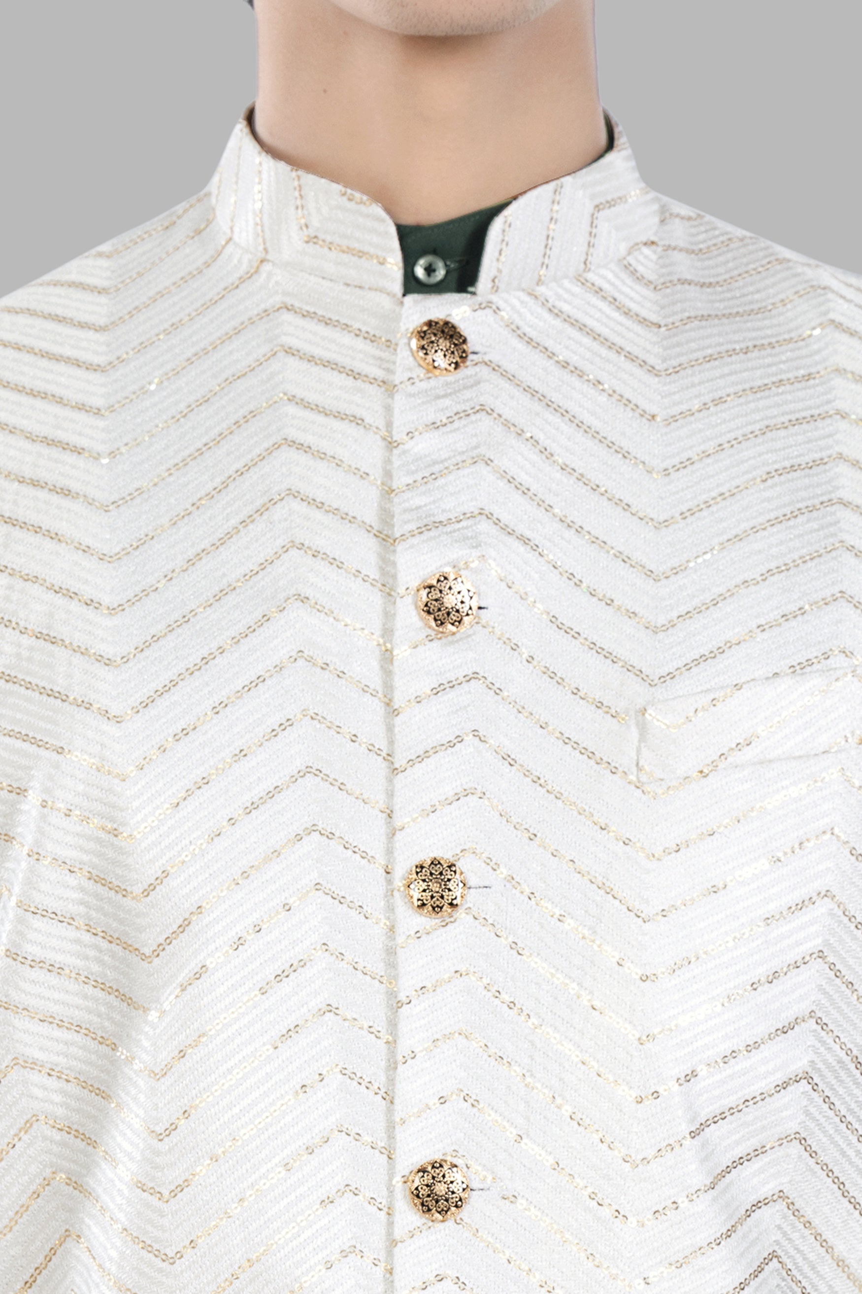 Bright White Chevron Sequin and Thread Embroidered Designer Nehru Jacket