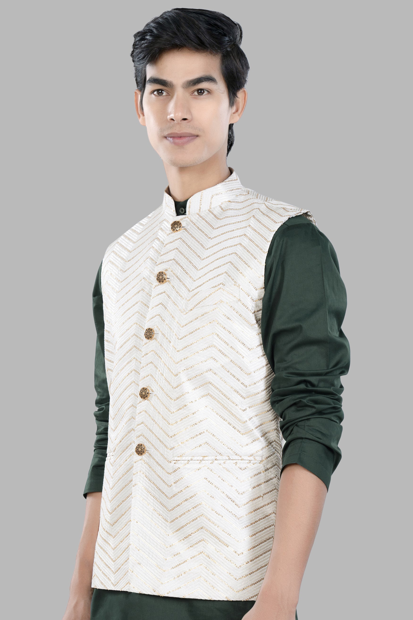 Bright White Chevron Sequin and Thread Embroidered Designer Nehru Jacket