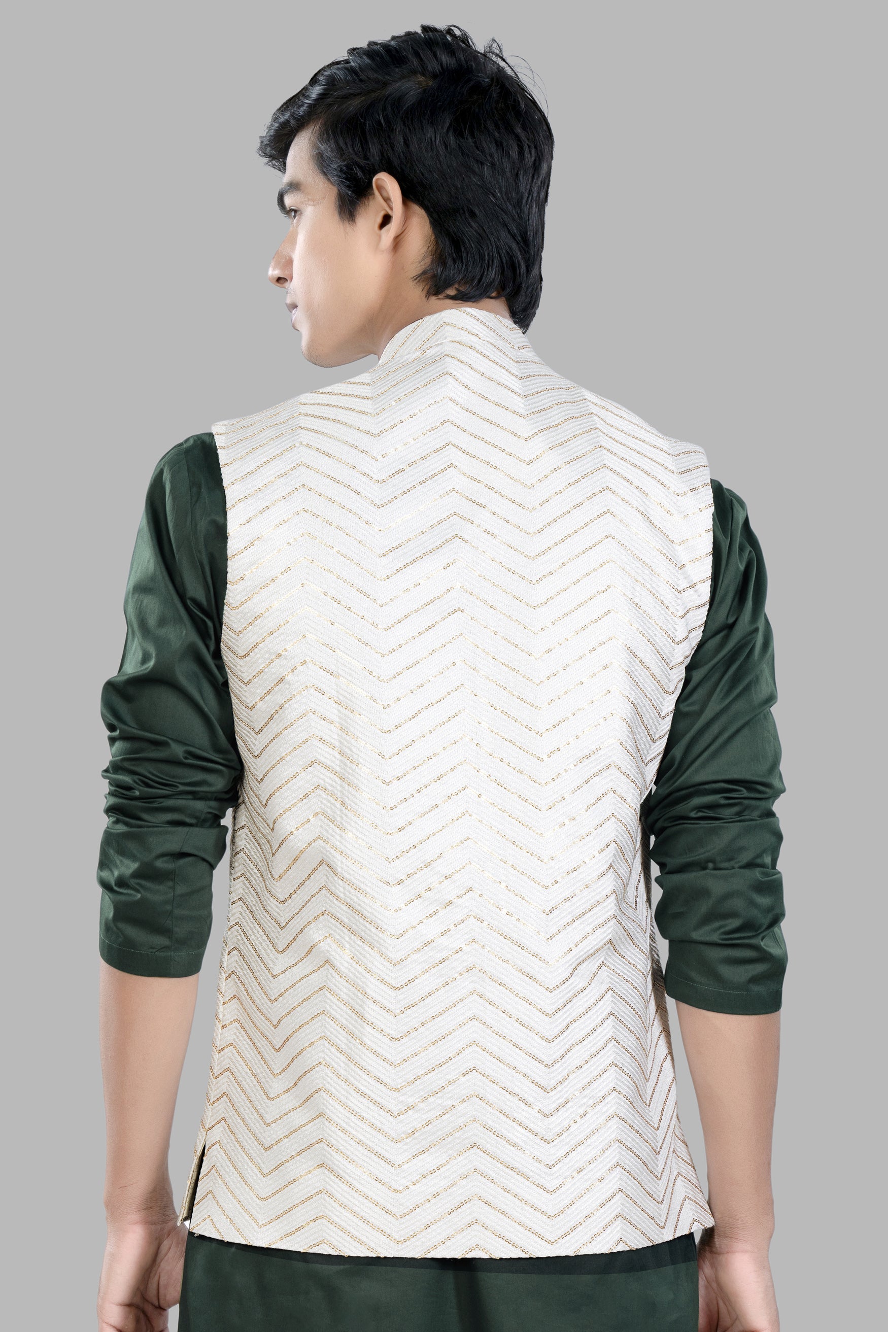 Bright White Chevron Sequin and Thread Embroidered Designer Nehru Jacket