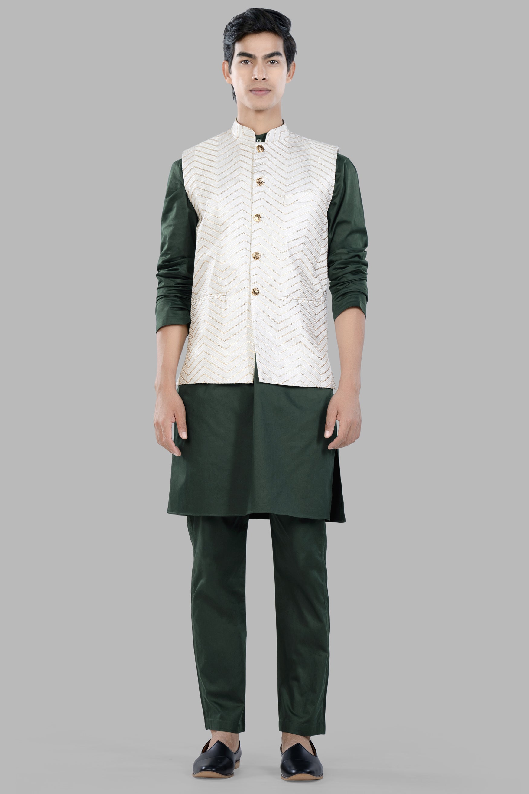 Bright White Chevron Sequin and Thread Embroidered Designer Nehru Jacket