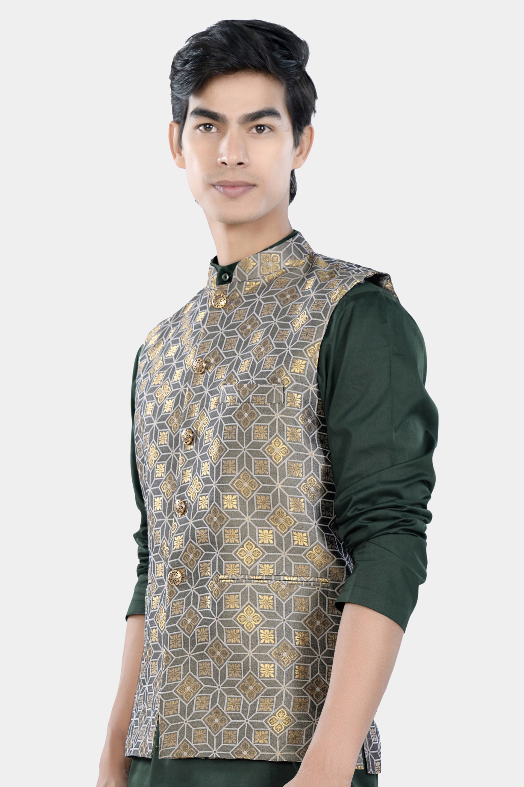 Sorrell Brown and Schooner Gray Geometric Jacquard Textured Designer Nehru Jacket