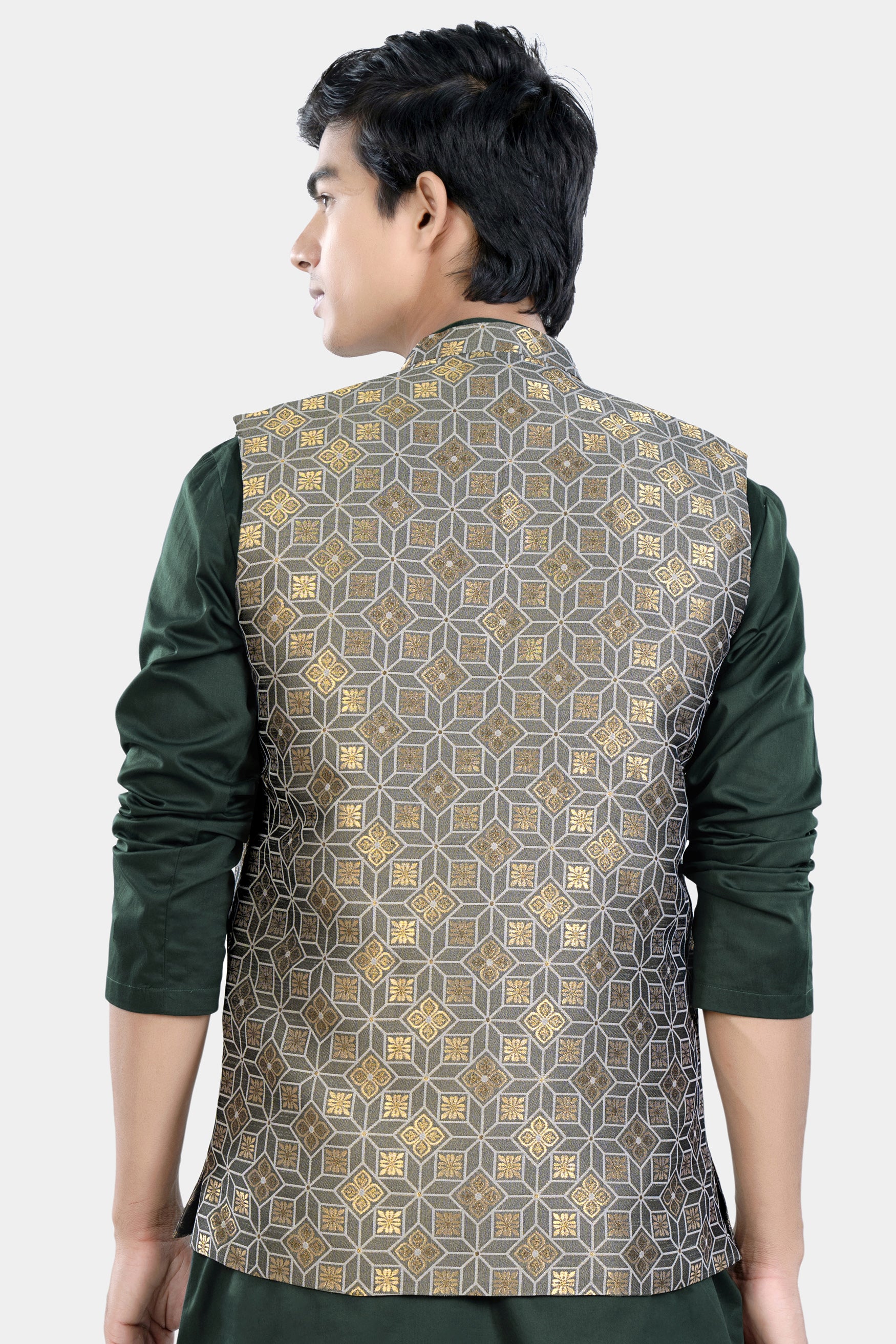 Sorrell Brown and Schooner Gray Geometric Jacquard Textured Designer Nehru Jacket