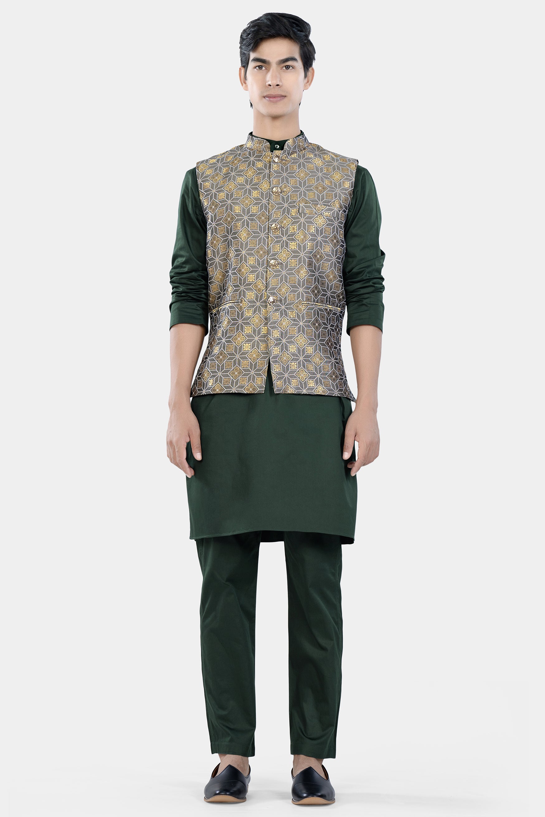 Sorrell Brown and Schooner Gray Geometric Jacquard Textured Designer Nehru Jacket