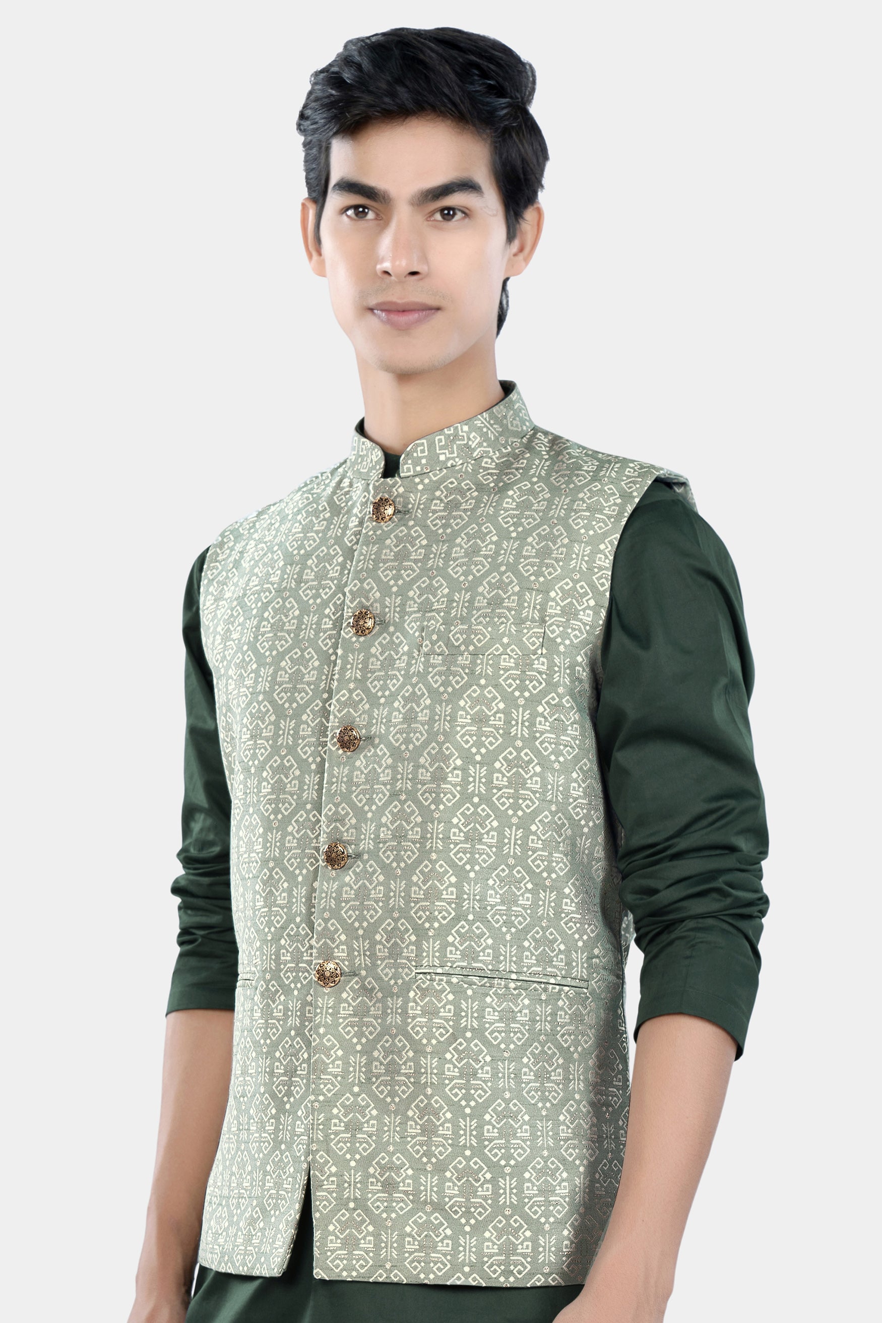 Pumice Green and White Jacquard Textured Designer Nehru Jacket WC3455-36,  WC3455-38,  WC3455-40,  WC3455-42,  WC3455-44,  WC3455-46,  WC3455-48,  WC3455-50,  WC3455-52,  WC3455-54,  WC3455-56,  WC3455-58,  WC3455-60