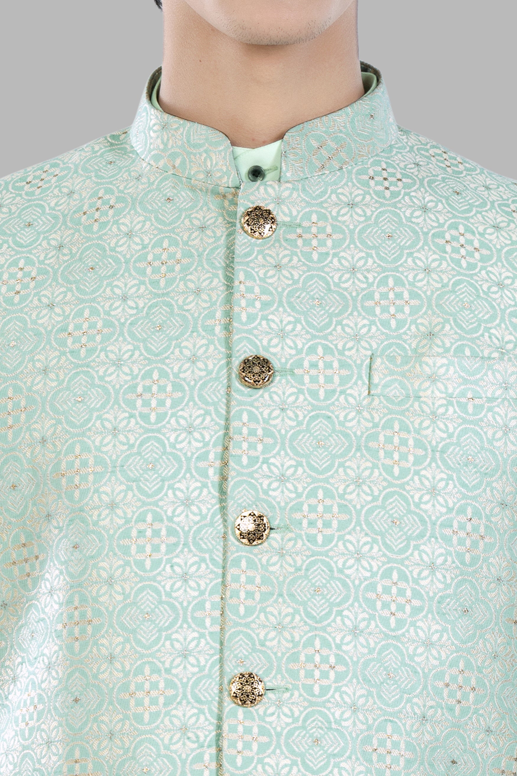 Opal Green and White Moroccan Jacquard Textured Designer Nehru Jacket WC3456-36,  WC3456-38,  WC3456-40,  WC3456-42,  WC3456-44,  WC3456-46,  WC3456-48,  WC3456-50,  WC3456-52,  WC3456-54,  WC3456-56,  WC3456-58,  WC3456-60