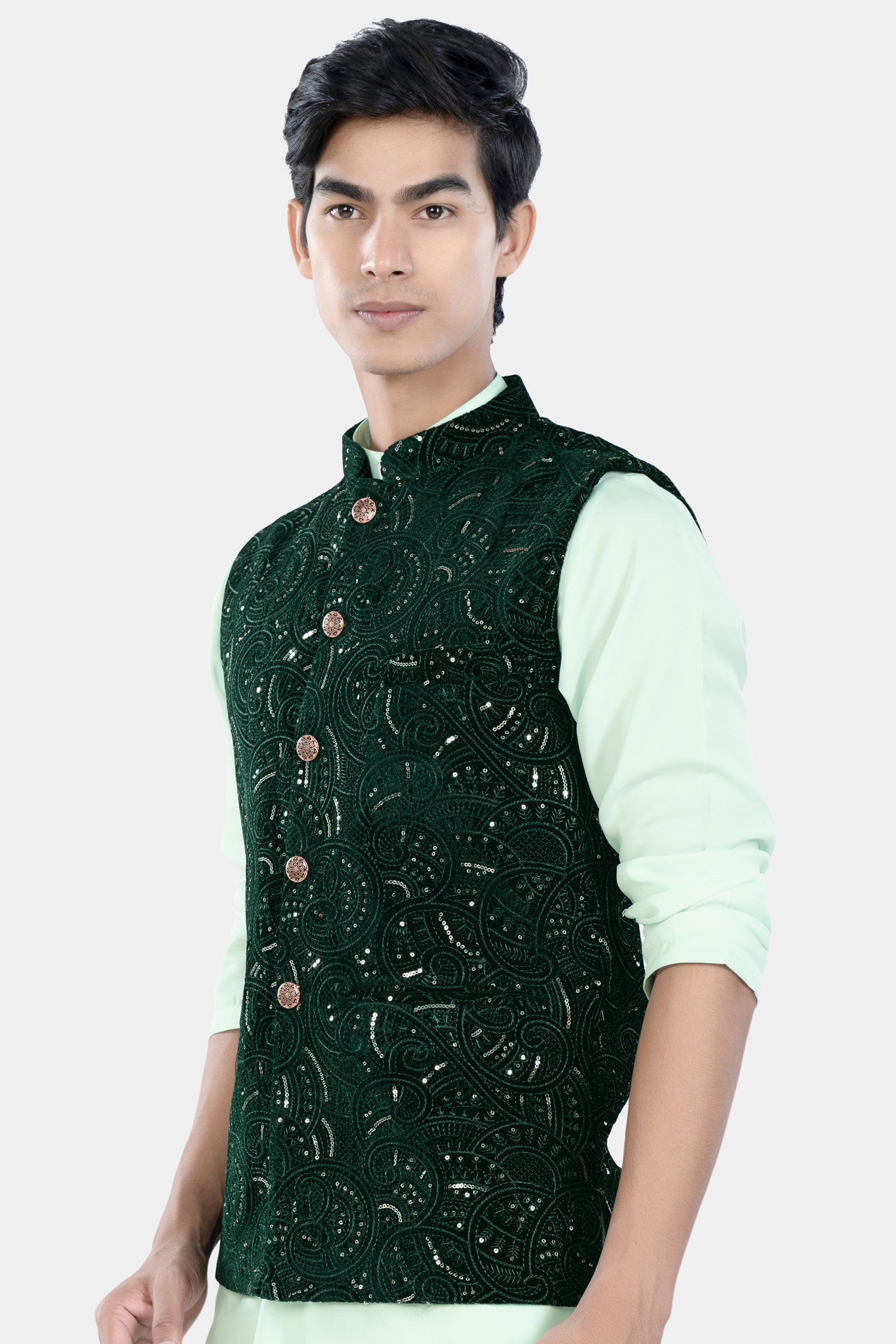 Palm and Jewel Green Sequin and Thread Embroidered Designer Nehru Jacket WC3457-36,  WC3457-38,  WC3457-40,  WC3457-42,  WC3457-44,  WC3457-46,  WC3457-48,  WC3457-50,  WC3457-52,  WC3457-54,  WC3457-56,  WC3457-58,  WC3457-60
