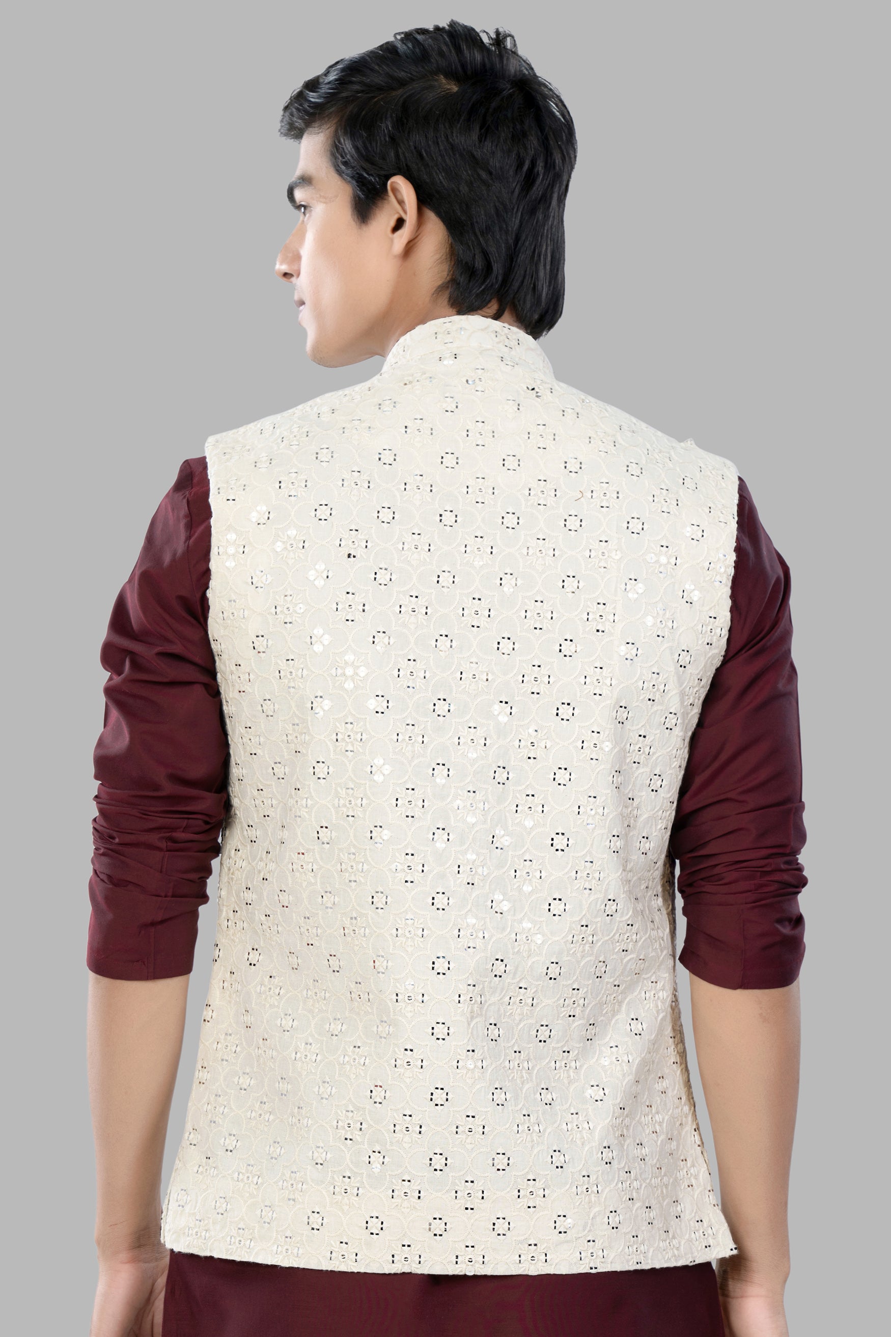 Ivory Cream Moroccan Thread and Sequin Embroidered Designer Nehru Jacket WC3461-36,  WC3461-38,  WC3461-40,  WC3461-42,  WC3461-44,  WC3461-46,  WC3461-48,  WC3461-50,  WC3461-52,  WC3461-54,  WC3461-56,  WC3461-58,  WC3461-60
