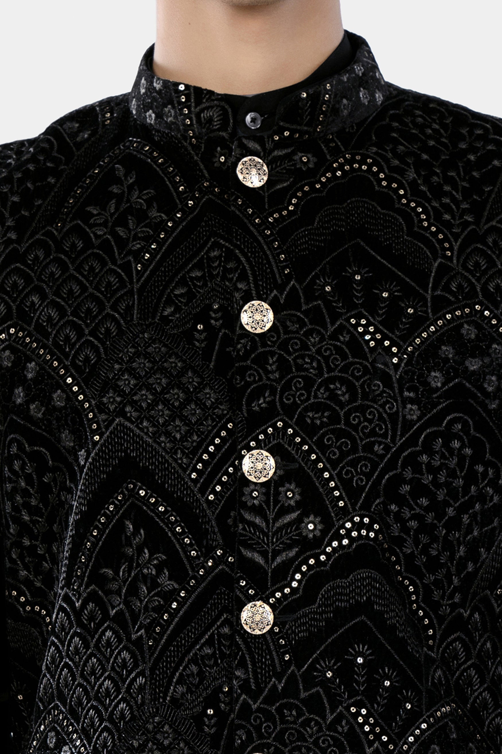 Jade Black Floral Sequin and Thread Embroidered Designer Nehru Jacket WC3466-36,  WC3466-38,  WC3466-40,  WC3466-42,  WC3466-44,  WC3466-46,  WC3466-48,  WC3466-50,  WC3466-52,  WC3466-54,  WC3466-56,  WC3466-58,  WC3466-60