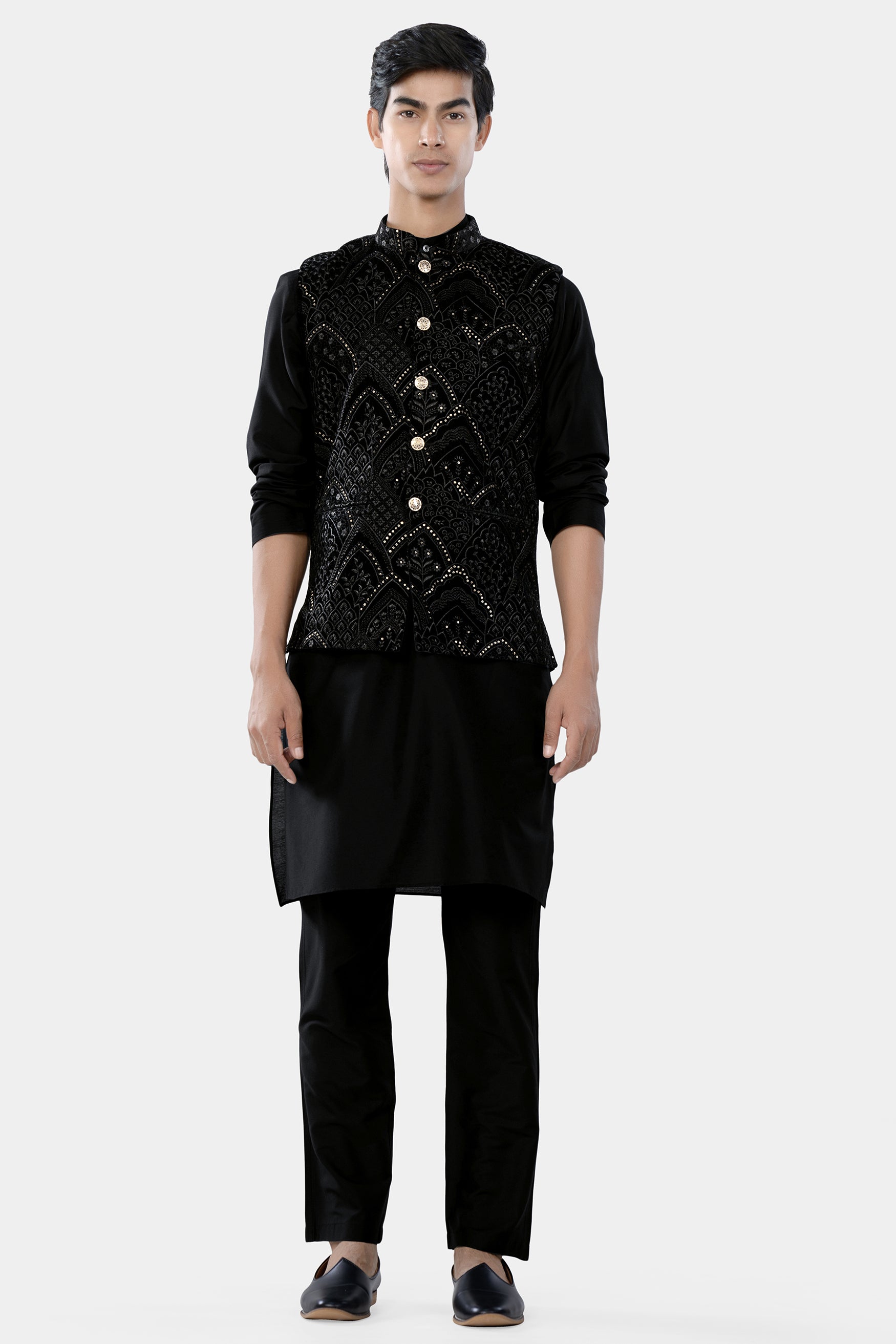 Jade Black Floral Sequin and Thread Embroidered Designer Nehru Jacket WC3466-36,  WC3466-38,  WC3466-40,  WC3466-42,  WC3466-44,  WC3466-46,  WC3466-48,  WC3466-50,  WC3466-52,  WC3466-54,  WC3466-56,  WC3466-58,  WC3466-60