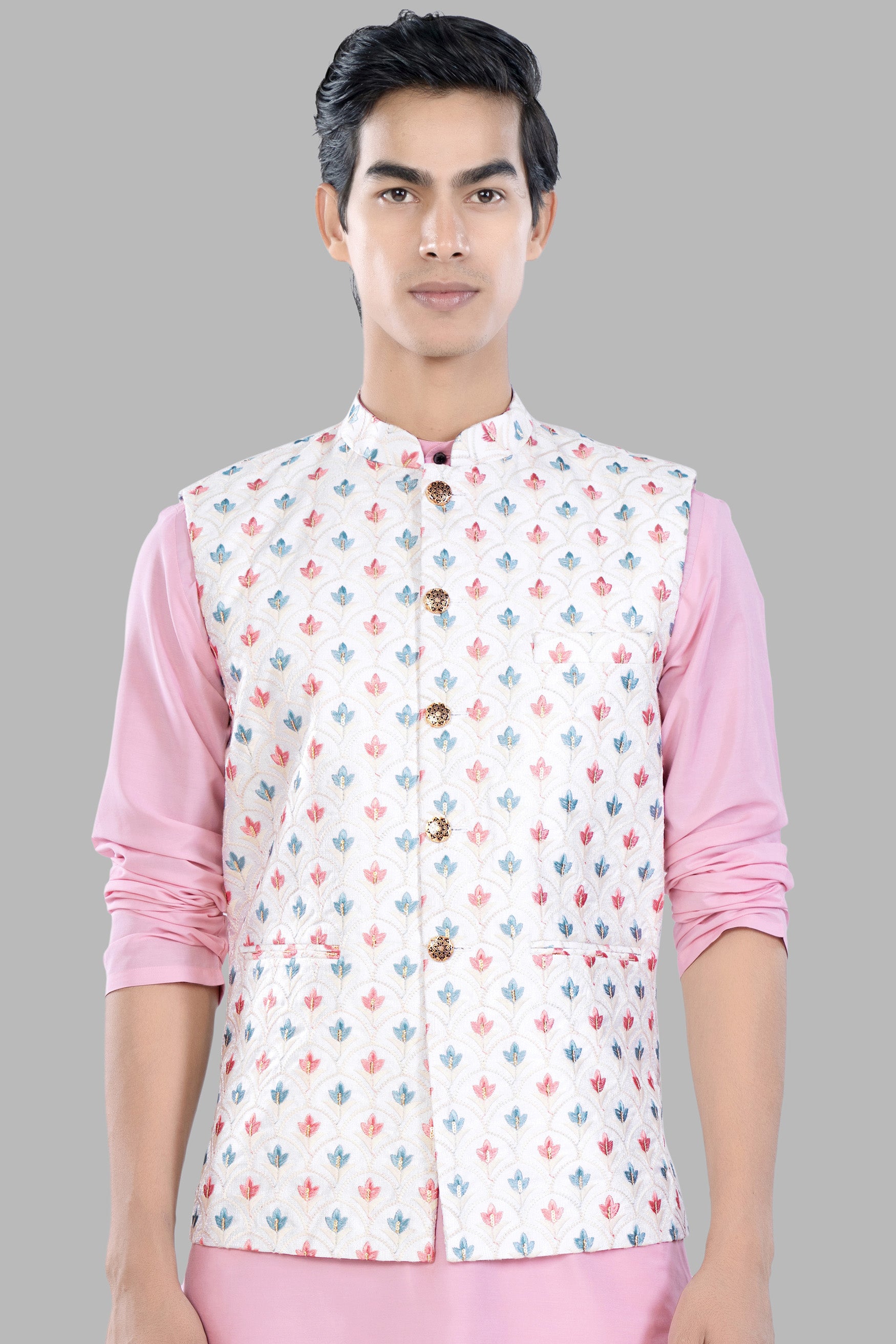 Bright White and Carnation Pink Leaves Thread Embroidered Designer Nehru Jacket WC3468-36,  WC3468-38,  WC3468-40,  WC3468-42,  WC3468-44,  WC3468-46,  WC3468-48,  WC3468-50,  WC3468-52,  WC3468-54,  WC3468-56,  WC3468-58,  WC3468-60