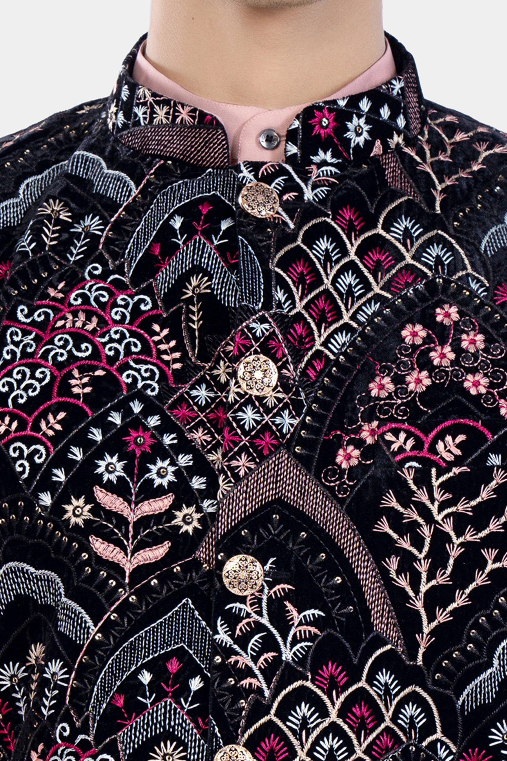Jade Black Multicolour Floral Thread and Sequin Embroidered Designer Nehru Jacket WC3470-36,  WC3470-38,  WC3470-40,  WC3470-42,  WC3470-44,  WC3470-46,  WC3470-48,  WC3470-50,  WC3470-52,  WC3470-54,  WC3470-56,  WC3470-58,  WC3470-60