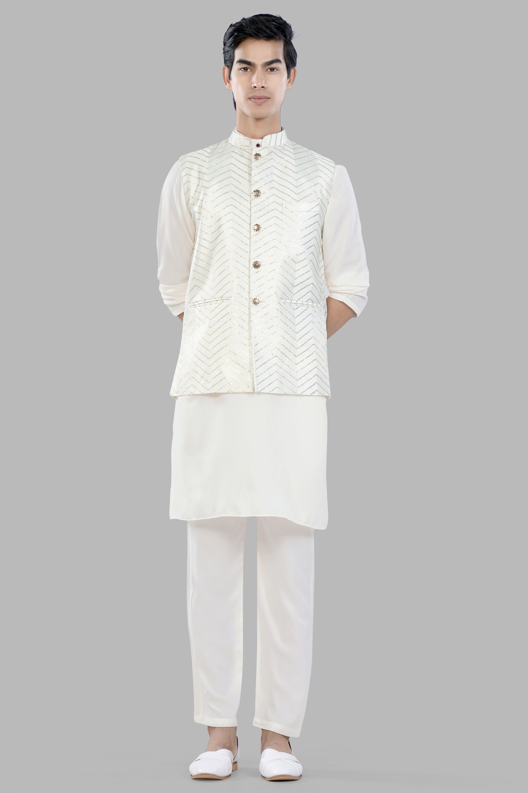 Bright White Chevron Sequin and Thread Embroidered Designer Nehru Jacket WC3472-36,  WC3472-38,  WC3472-40,  WC3472-42,  WC3472-44,  WC3472-46,  WC3472-48,  WC3472-50,  WC3472-52,  WC3472-54,  WC3472-56,  WC3472-58,  WC3472-60