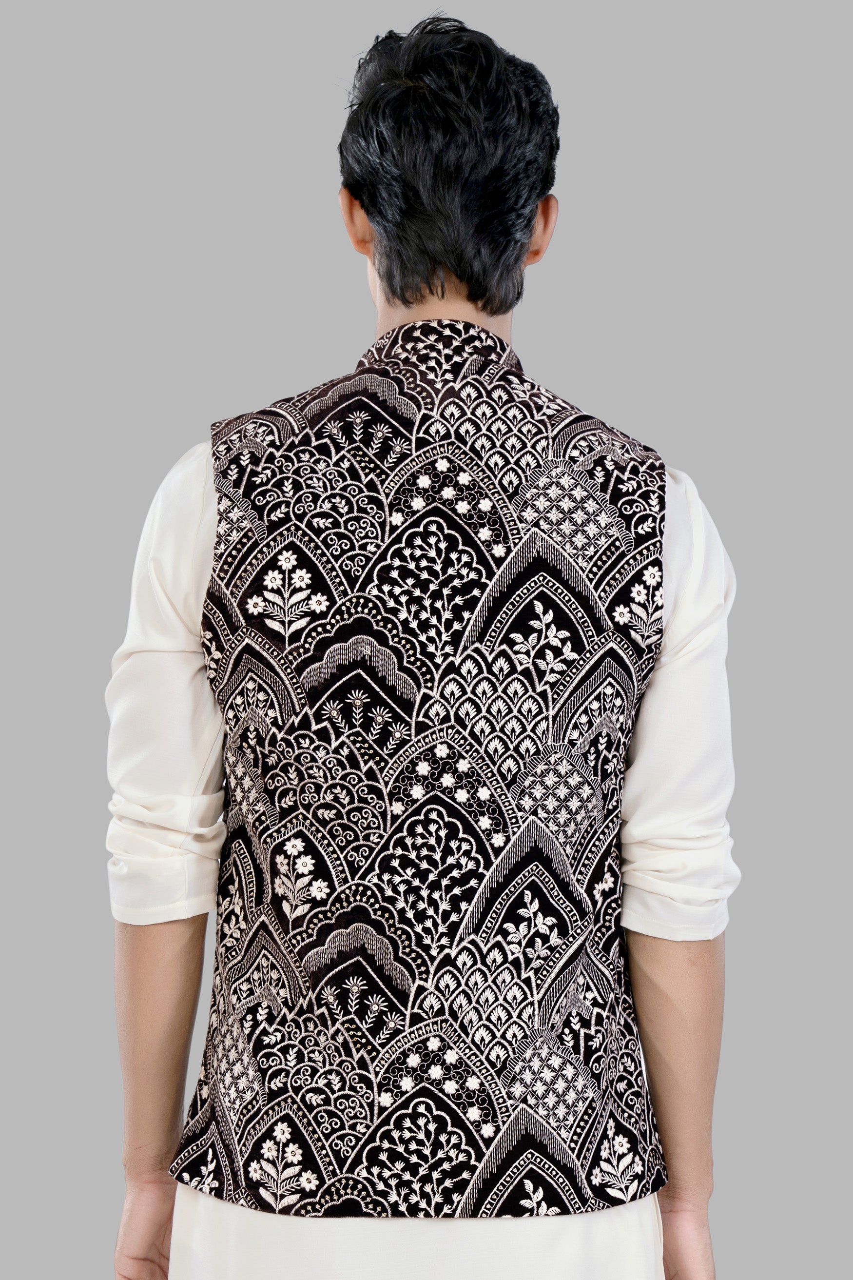 Crater Brown and White Floral Thread Embroidered Designer Nehru Jacket WC3476-36,  WC3476-38,  WC3476-40,  WC3476-42,  WC3476-44,  WC3476-46,  WC3476-48,  WC3476-50,  WC3476-52,  WC3476-54,  WC3476-56,  WC3476-58,  WC3476-60