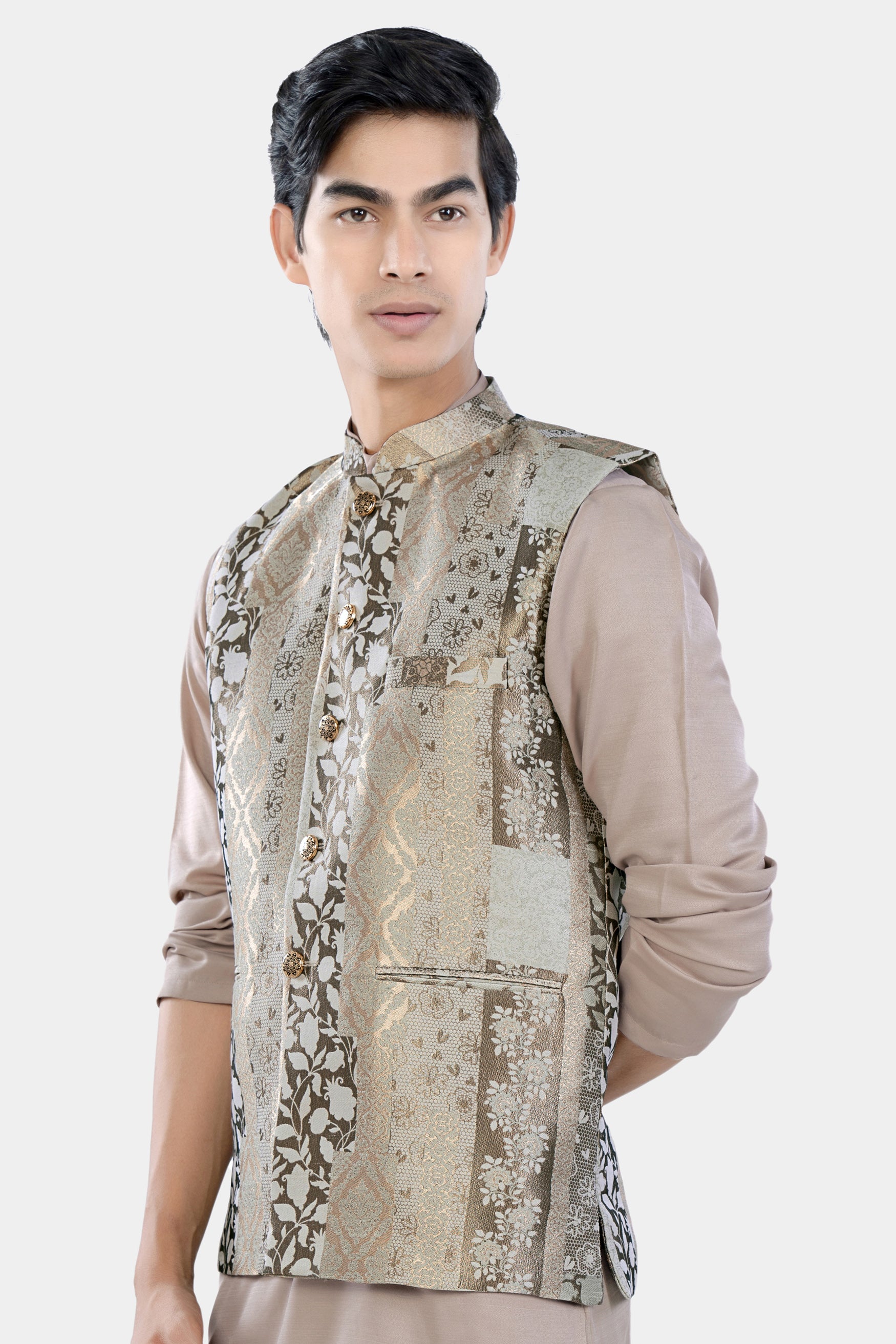 Nomad and Armadillo Brown Geometric Jacquard Textured Designer Nehru Jacket WC3478-36,  WC3478-38,  WC3478-40,  WC3478-42,  WC3478-44,  WC3478-46,  WC3478-48,  WC3478-50,  WC3478-52,  WC3478-54,  WC3478-56,  WC3478-58,  WC3478-60