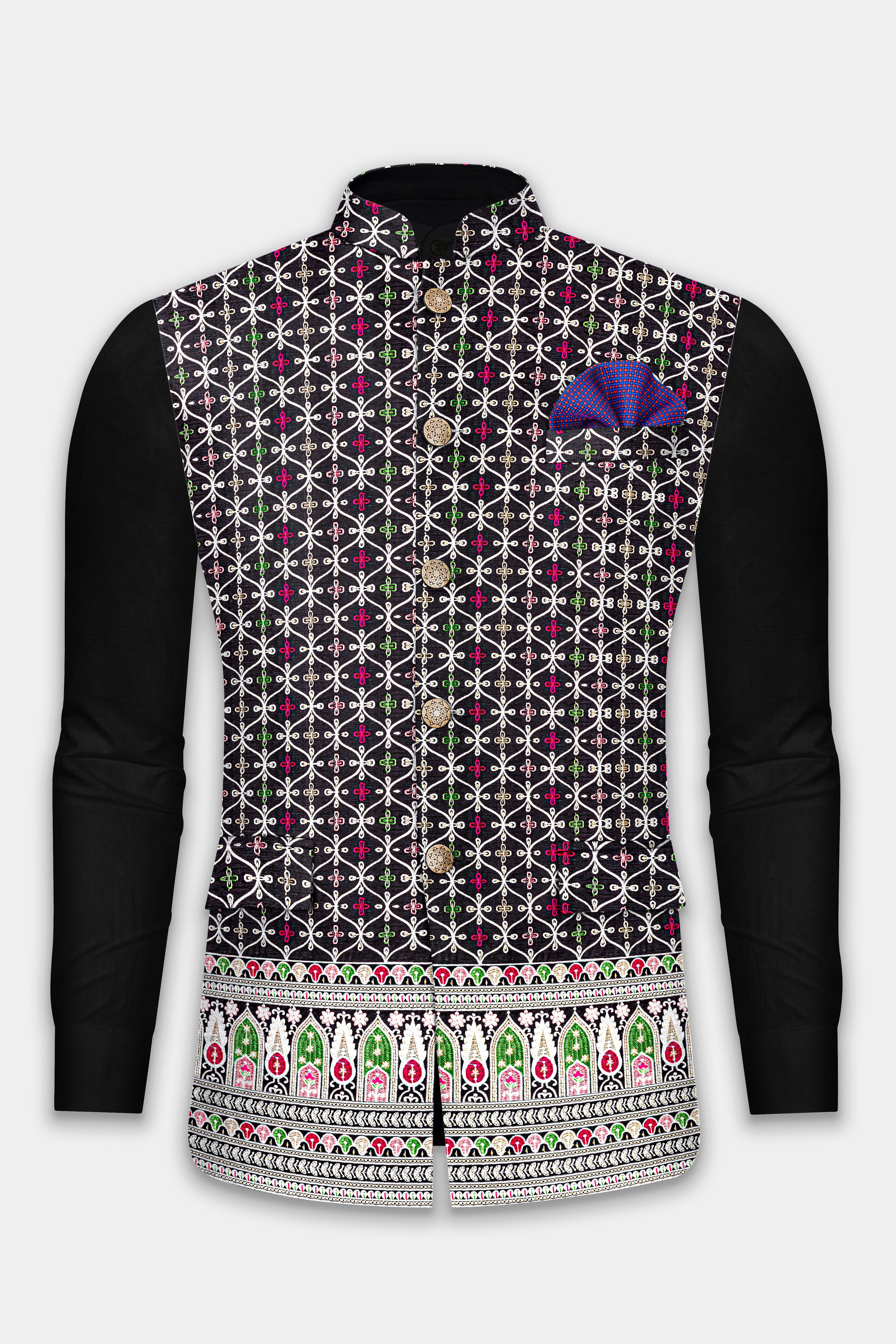 Jade Black and White Multicolour Ogee Pattern Embroidered Nehru Jacket WC3480-36,  WC3480-38,  WC3480-40,  WC3480-42,  WC3480-44,  WC3480-46,  WC3480-48,  WC3480-50,  WC3480-52,  WC3480-54,  WC3480-56,  WC3480-58,  WC3480-60