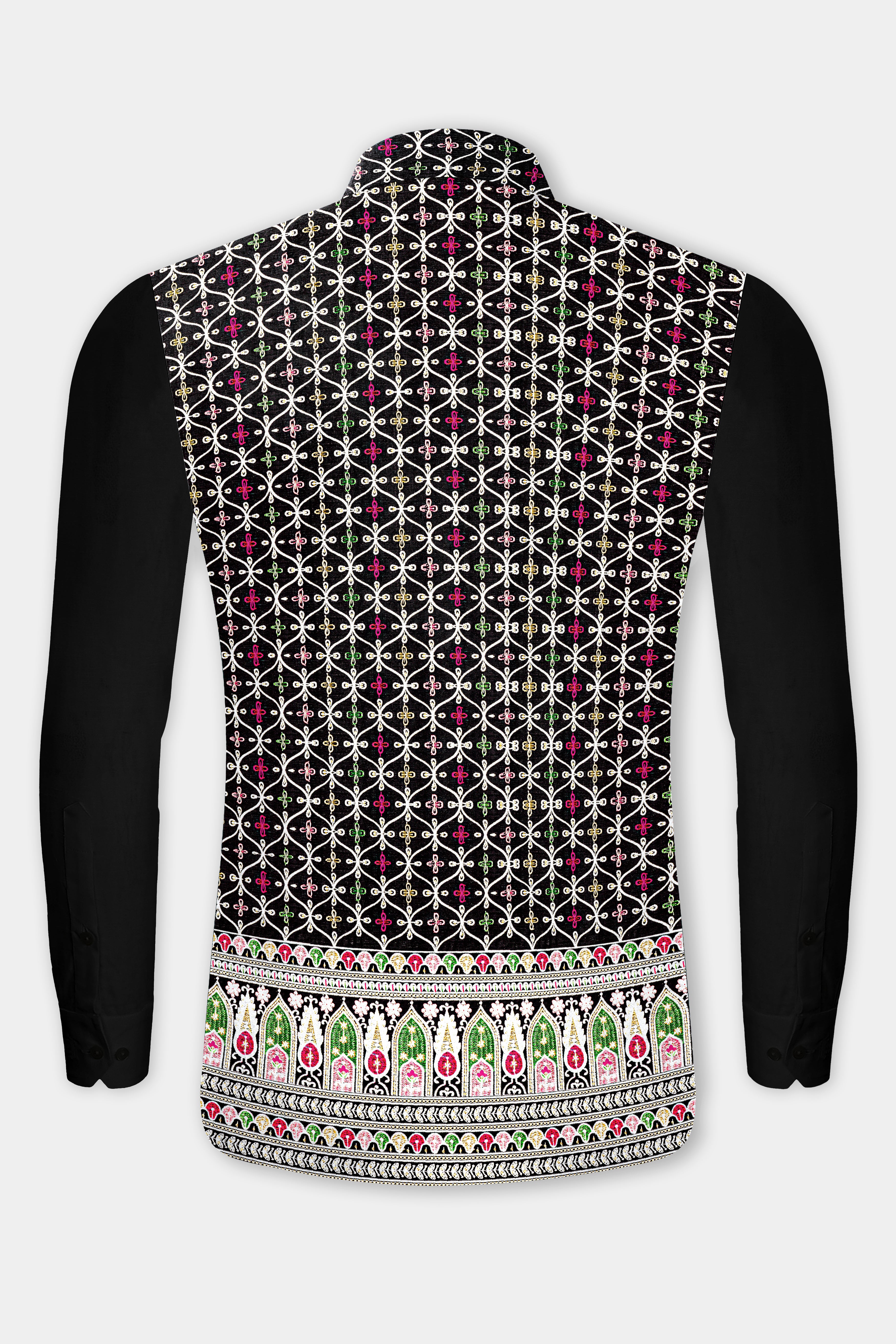 Jade Black and White Multicolour Ogee Pattern Embroidered Nehru Jacket WC3480-36,  WC3480-38,  WC3480-40,  WC3480-42,  WC3480-44,  WC3480-46,  WC3480-48,  WC3480-50,  WC3480-52,  WC3480-54,  WC3480-56,  WC3480-58,  WC3480-60