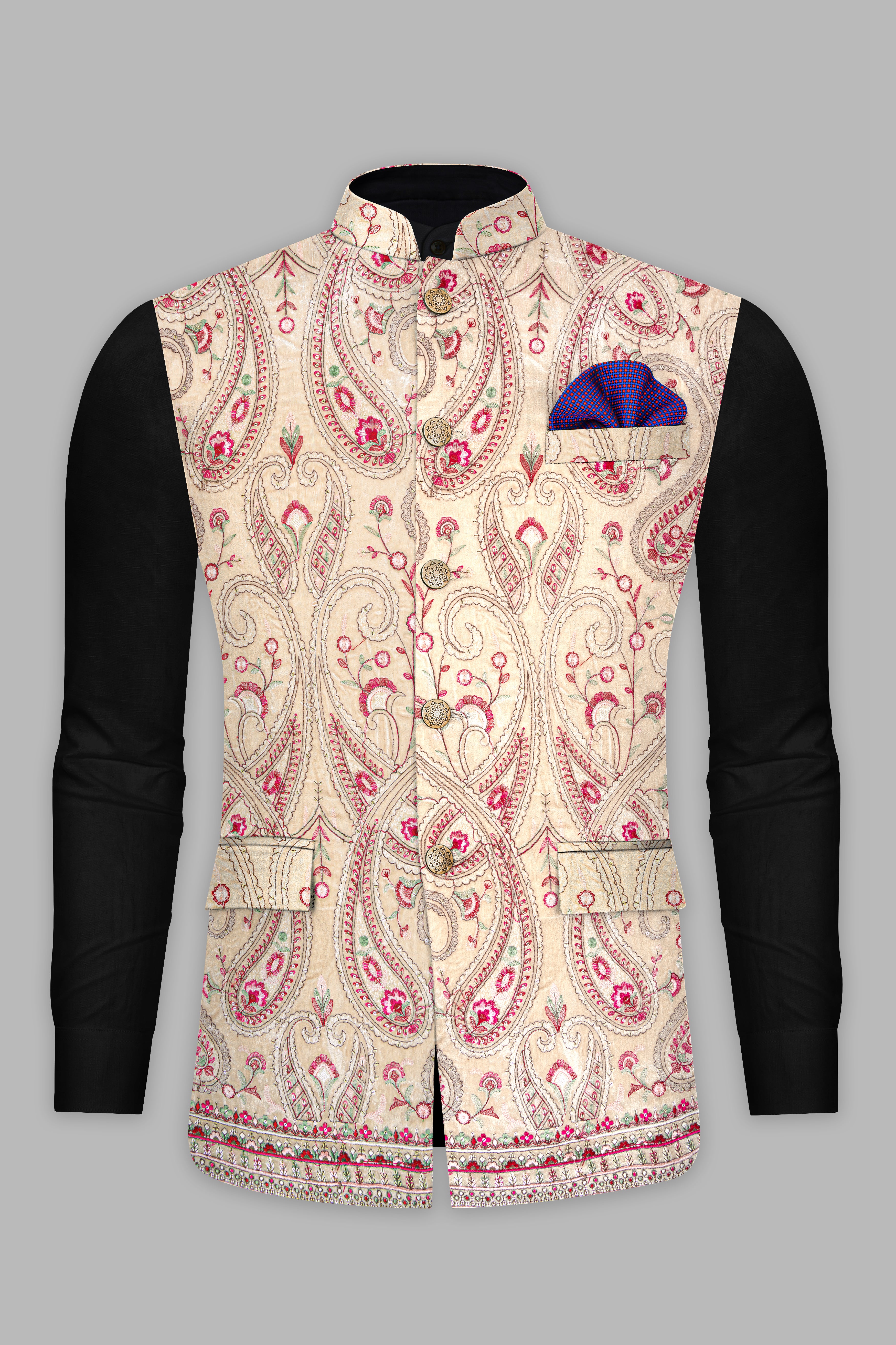 Bisque Brown and Cardinal Pink Floral Thread Embroidered Nehru Jacket WC3504-36,  WC3504-38,  WC3504-40,  WC3504-42,  WC3504-44,  WC3504-46,  WC3504-48,  WC3504-50,  WC3504-52,  WC3504-54,  WC3504-56,  WC3504-58,  WC3504-60
