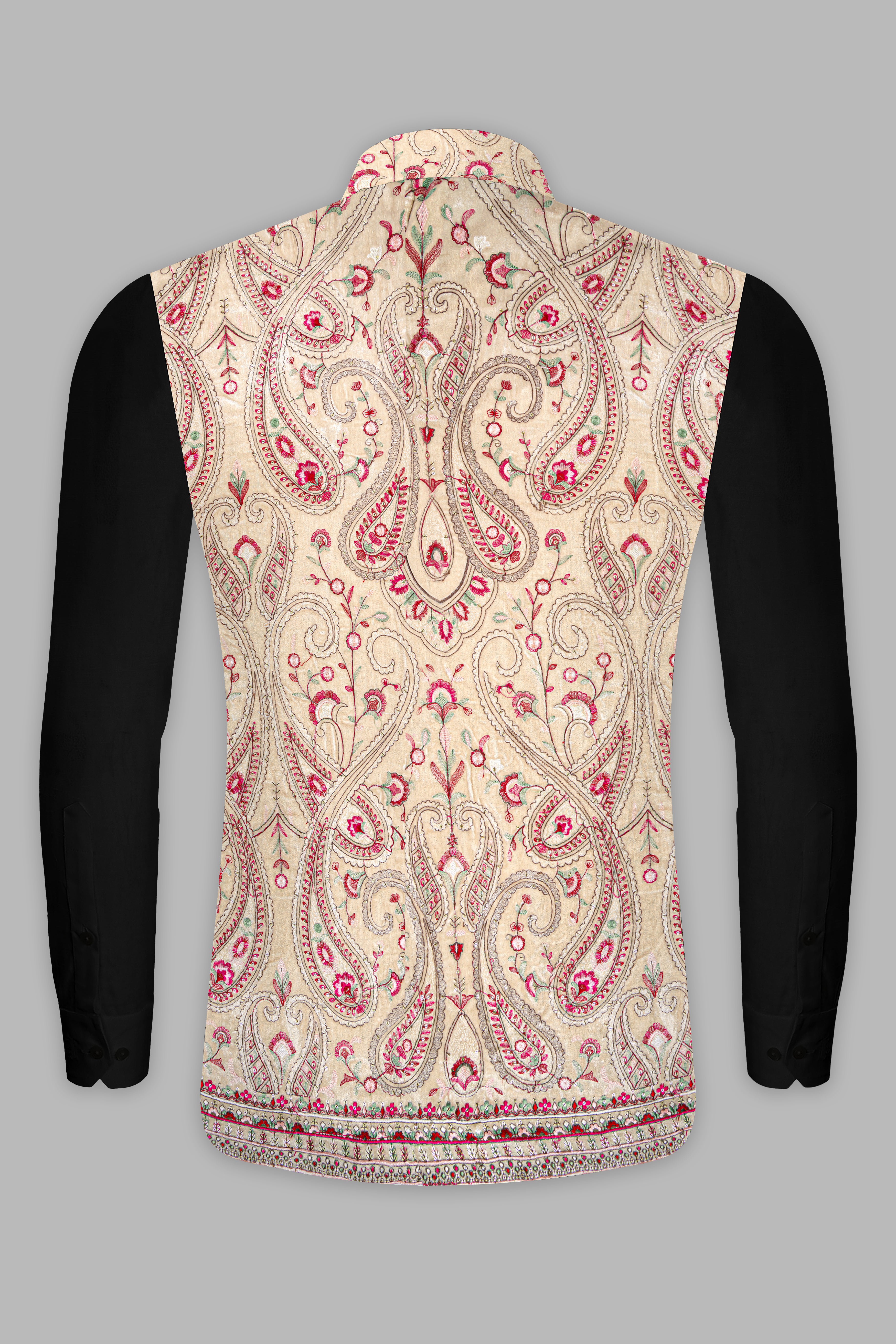 Bisque Brown and Cardinal Pink Floral Thread Embroidered Nehru Jacket WC3504-36,  WC3504-38,  WC3504-40,  WC3504-42,  WC3504-44,  WC3504-46,  WC3504-48,  WC3504-50,  WC3504-52,  WC3504-54,  WC3504-56,  WC3504-58,  WC3504-60