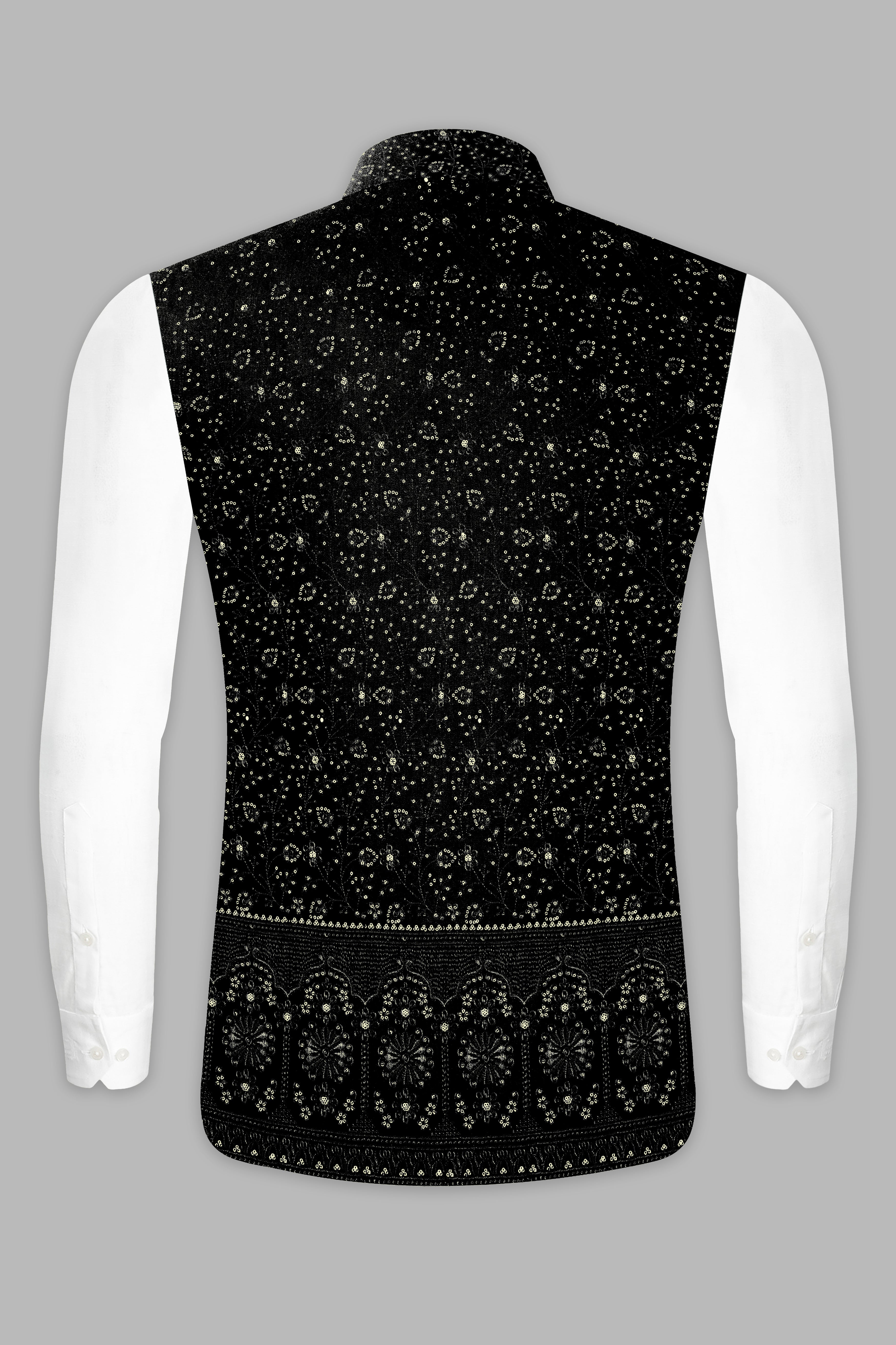 Jade Black Floral Thread and Sequin Embroidered Nehru Jacket WC3526-36,  WC3526-38,  WC3526-40,  WC3526-42,  WC3526-44,  WC3526-46,  WC3526-48,  WC3526-50,  WC3526-52,  WC3526-54,  WC3526-56,  WC3526-58,  WC3526-60