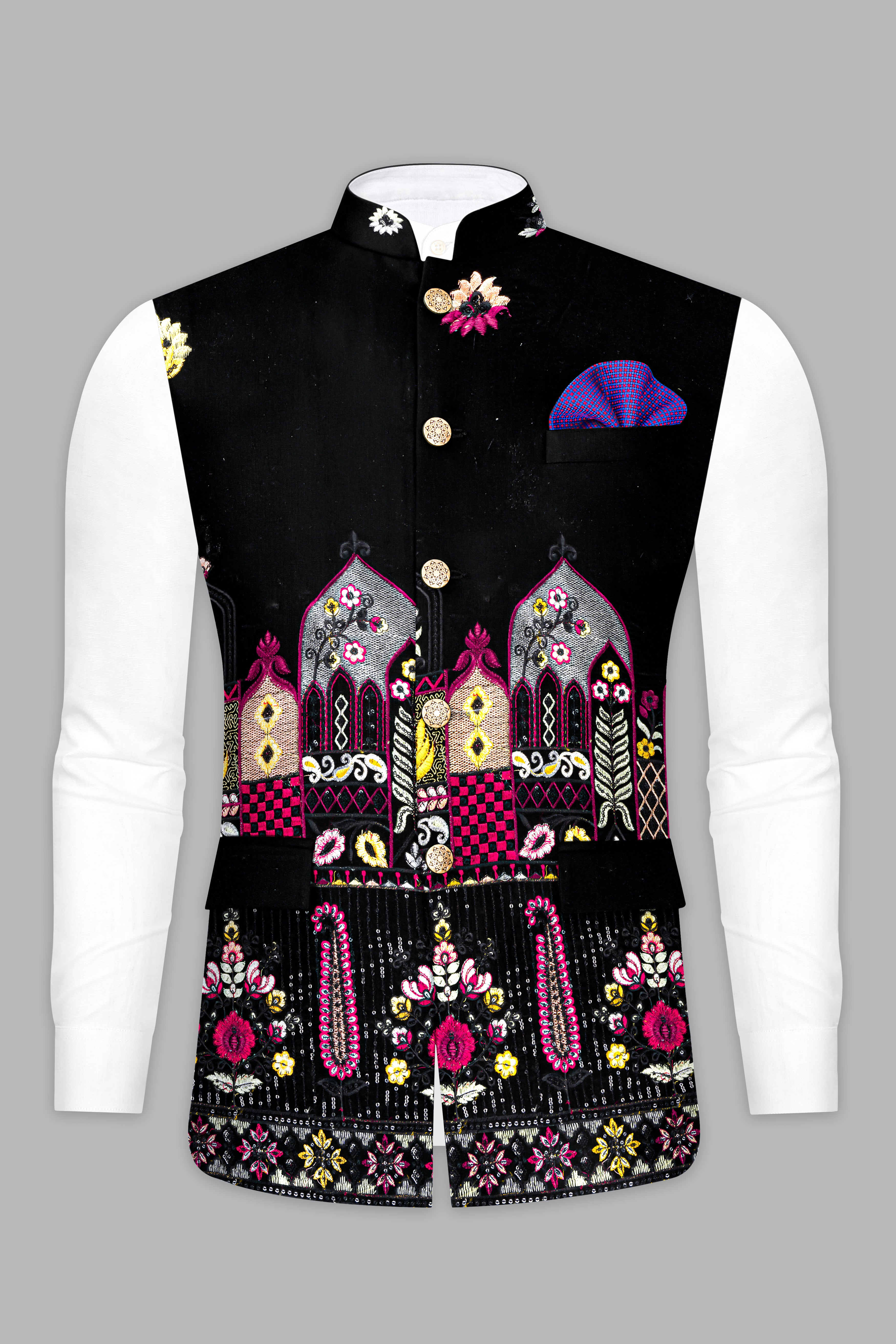 Jade Black and Crimson Pink Multicolour Floral Thread Embroidered Nehru Jacket WC3529-36,  WC3529-38,  WC3529-40,  WC3529-42,  WC3529-44,  WC3529-46,  WC3529-48,  WC3529-50,  WC3529-52,  WC3529-54,  WC3529-56,  WC3529-58,  WC3529-60