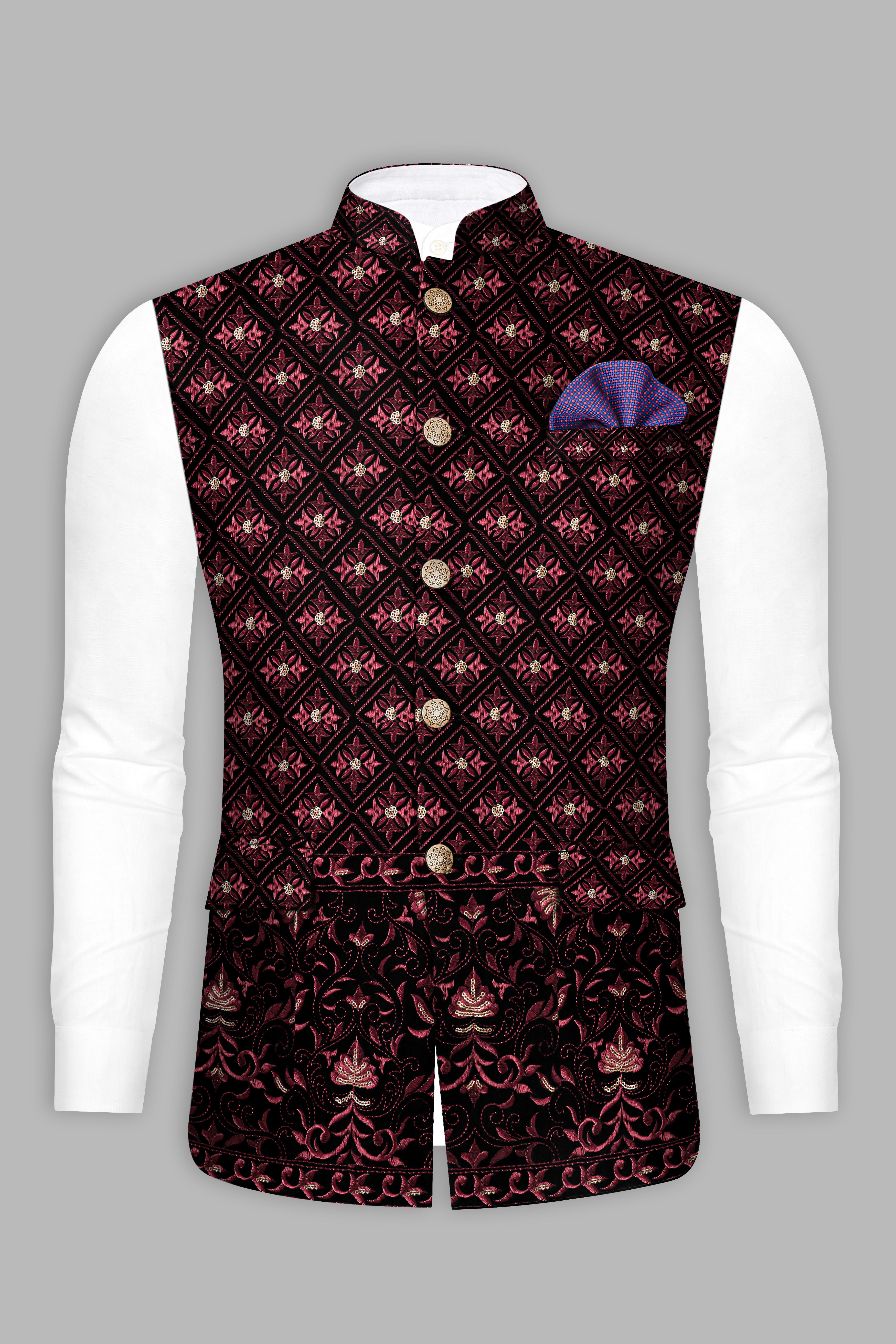 Jade Black and Cordovan Maroon Geometric Thread and Sequin Embroidered Nehru Jacket WC3531-36,  WC3531-38,  WC3531-40,  WC3531-42,  WC3531-44,  WC3531-46,  WC3531-48,  WC3531-50,  WC3531-52,  WC3531-54,  WC3531-56,  WC3531-58,  WC3531-60