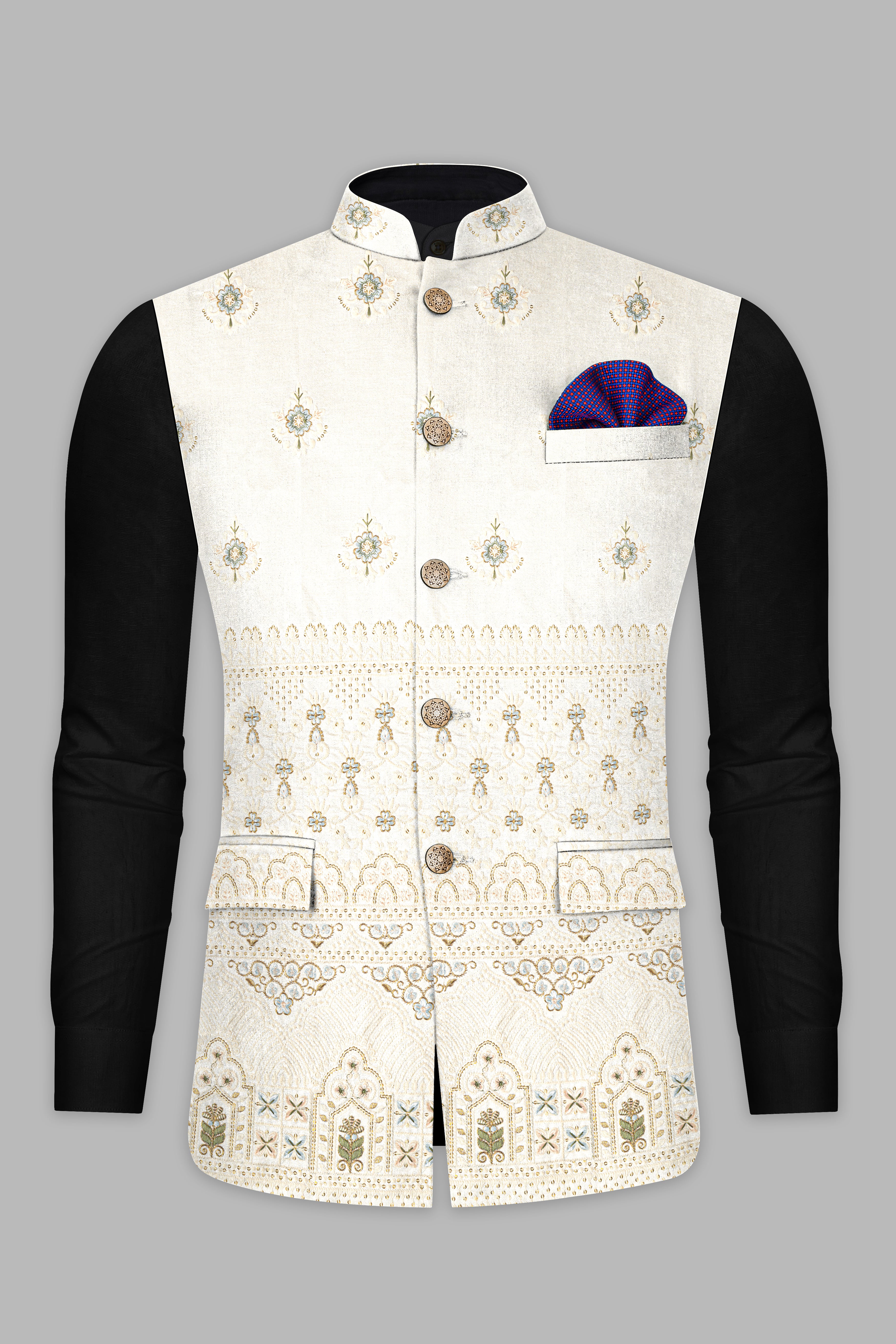 Eggshell Cream and Casper Blue Floral Thread and Sequin Embroidered Nehru Jacket WC3542-36,  WC3542-38,  WC3542-40,  WC3542-42,  WC3542-44,  WC3542-46,  WC3542-48,  WC3542-50,  WC3542-52,  WC3542-54,  WC3542-56,  WC3542-58,  WC3542-60