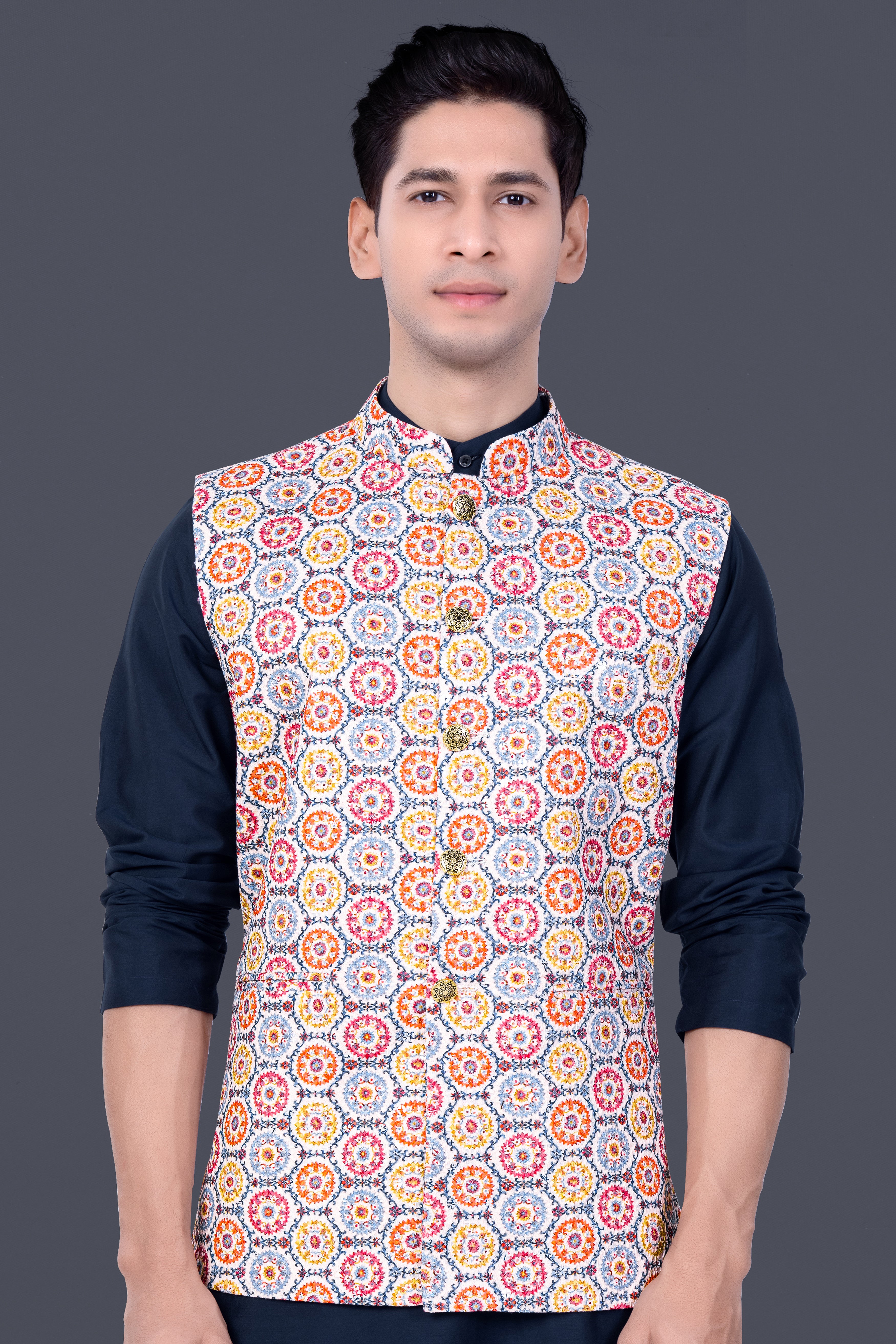 Bright White And Cyan Blue Multicolour Thread Embroidered Nehru Jacket
