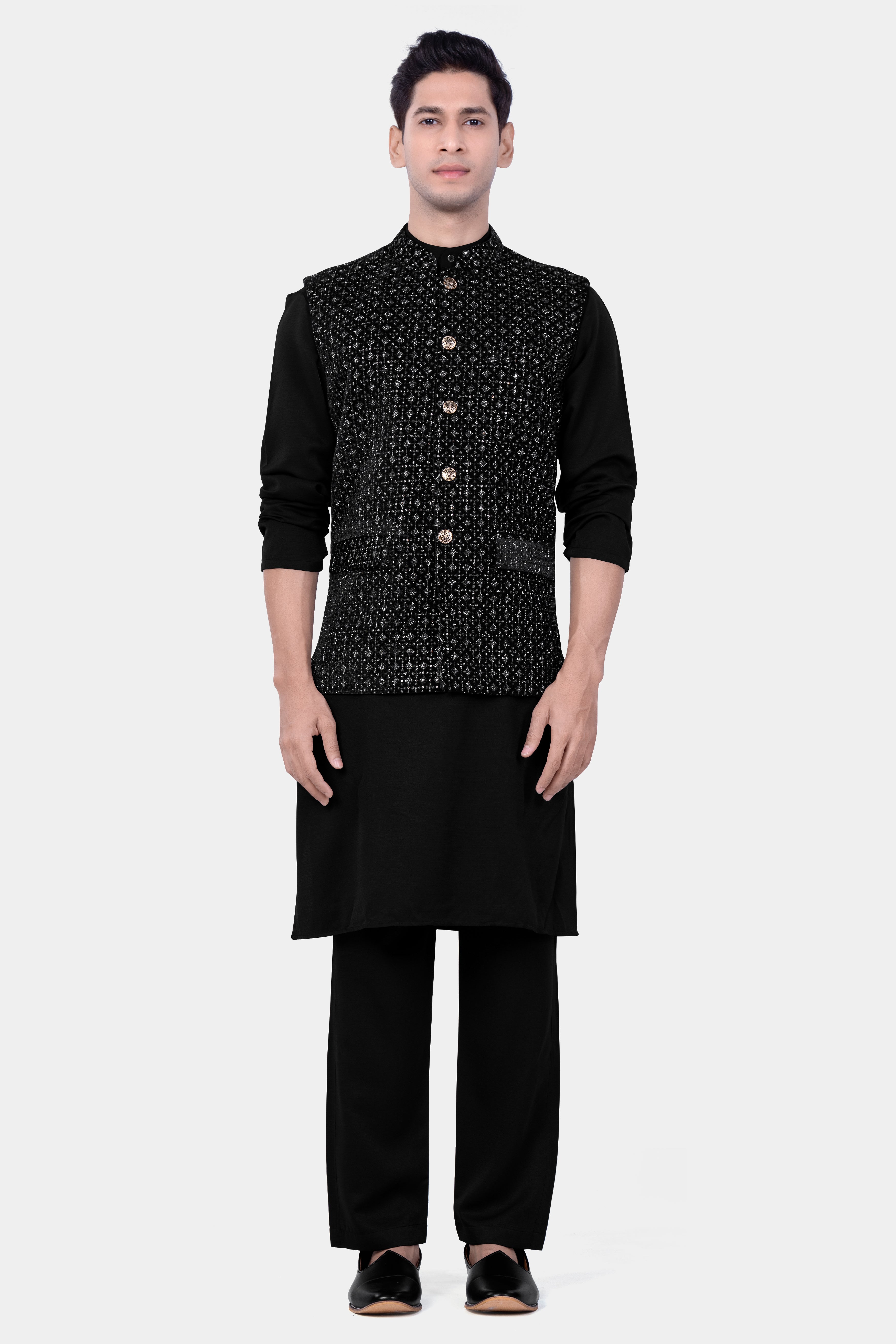 Jade Black Sequin And Thread Embroidered Nehru Jacket