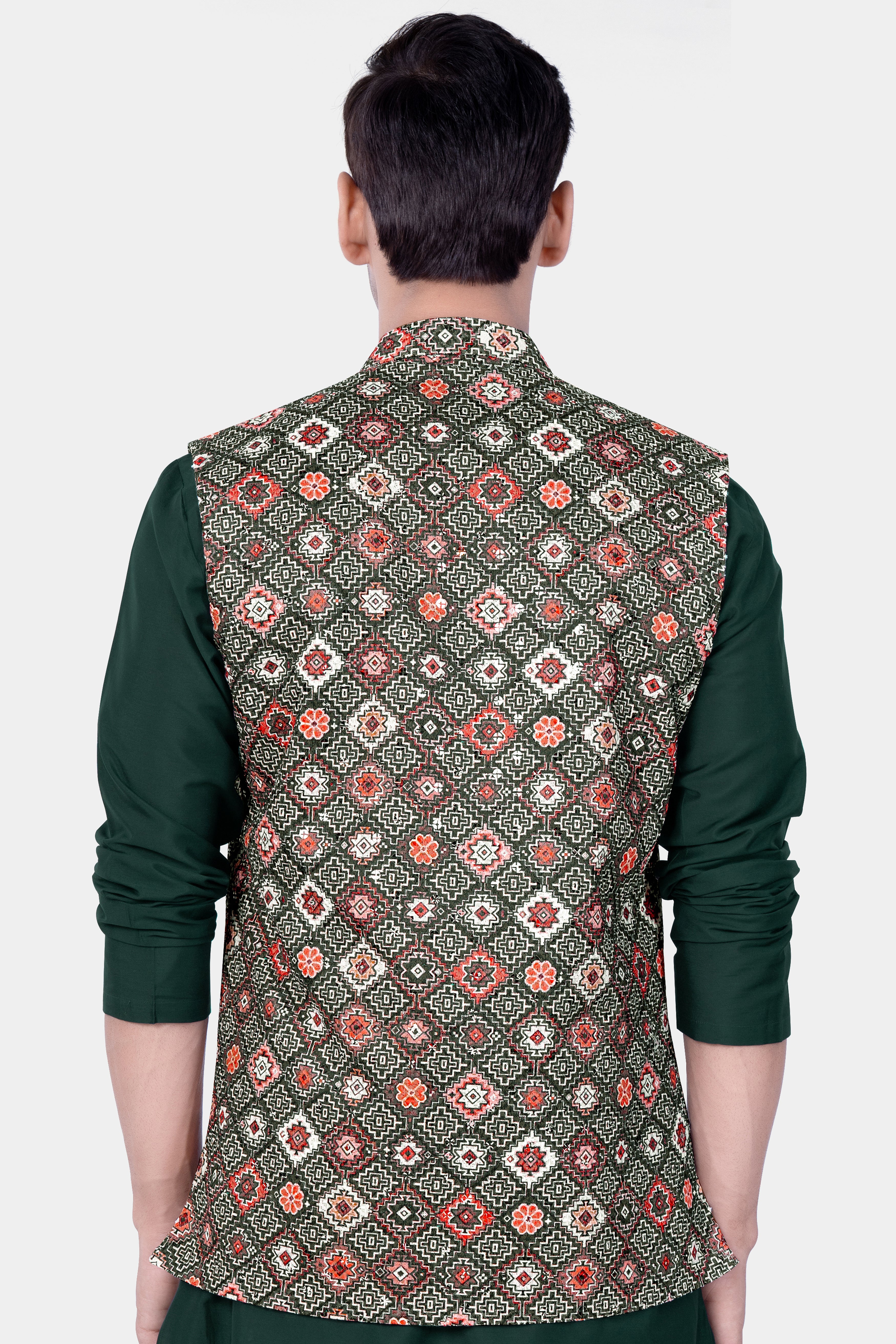 Ironside Green And Rosy Pink Multicolour Thread Embroidered Nehru Jacket