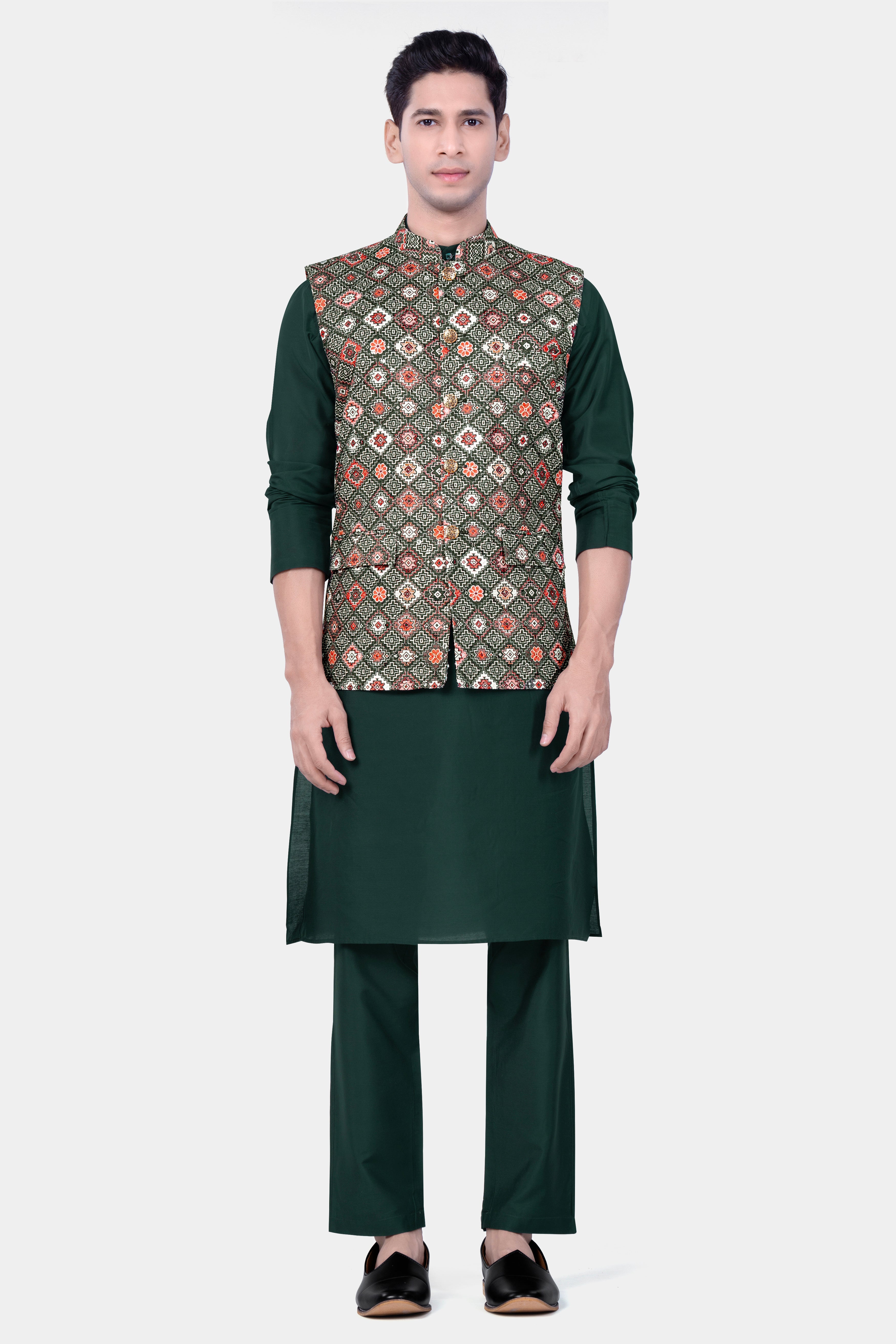 Ironside Green And Rosy Pink Multicolour Thread Embroidered Nehru Jacket