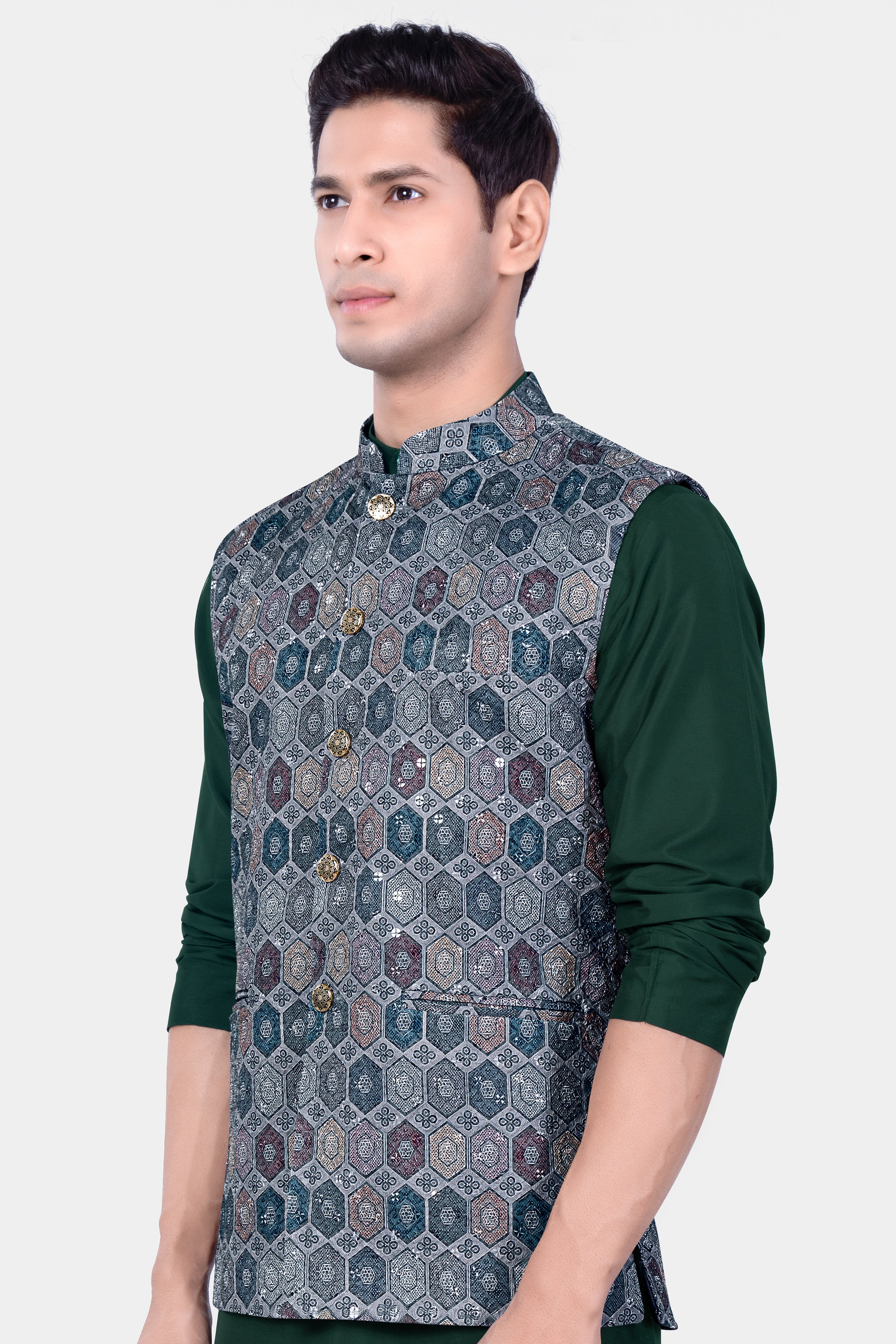 Tuna Blue And Gunsmoke Gray Multicolour Embroidered Nehru Jacket