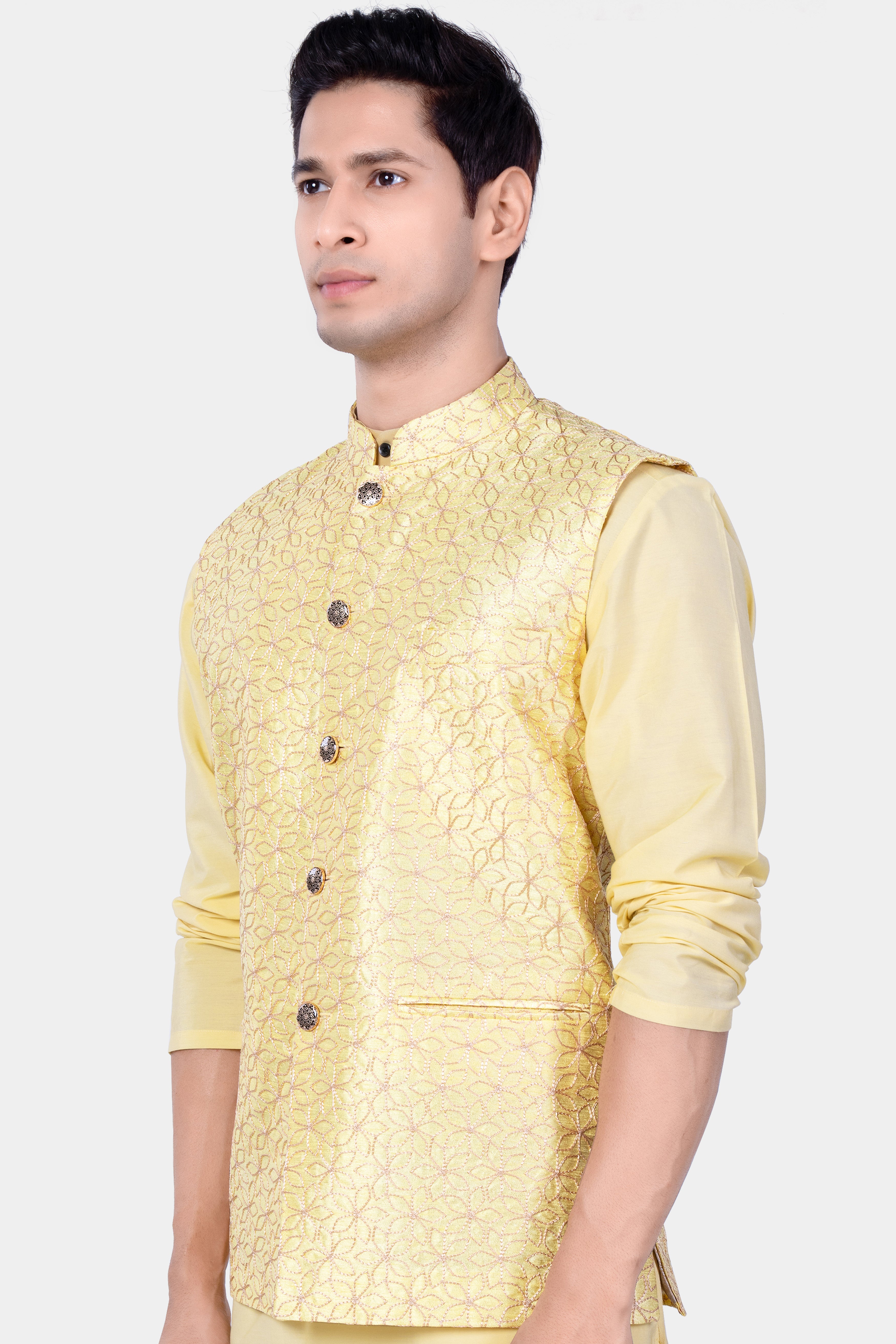 Blond Yellow Flower Embroidered Nehru Jacket