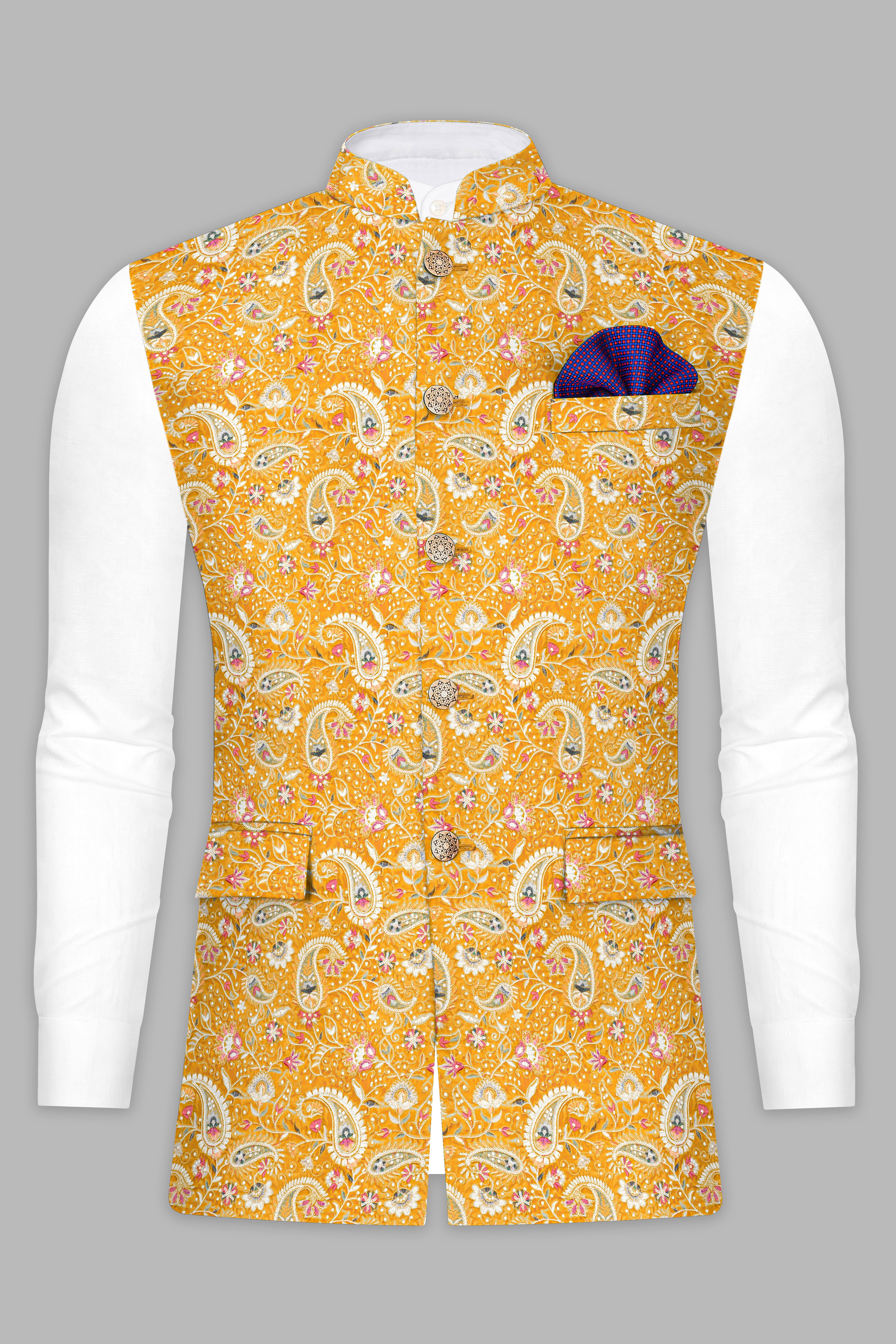 Firebush Yellow Velvet Floral Thread Embroidered Nehru Jacket