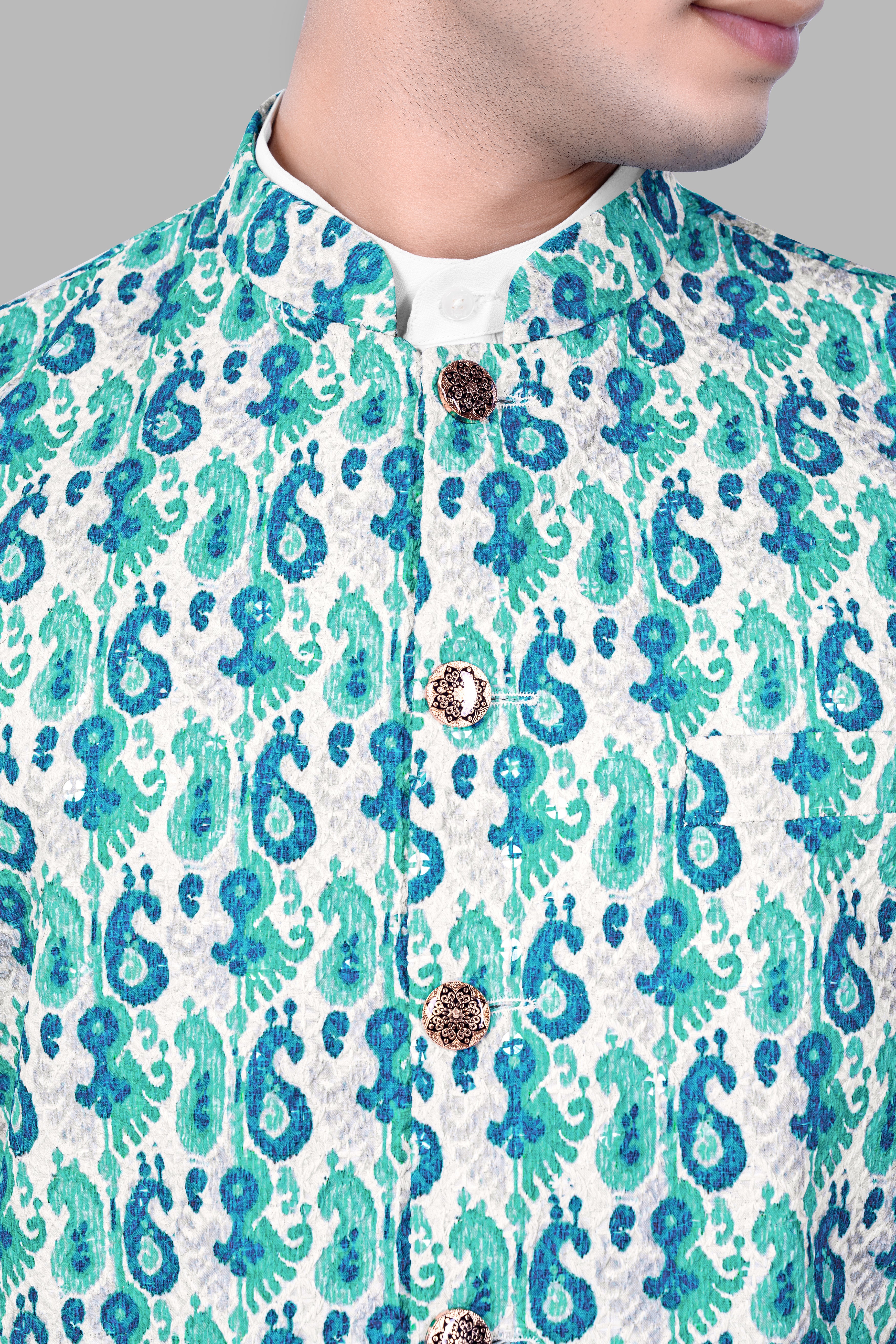 Bright White And Curious Blue Designer Thread Embroidered Nehru Jacket