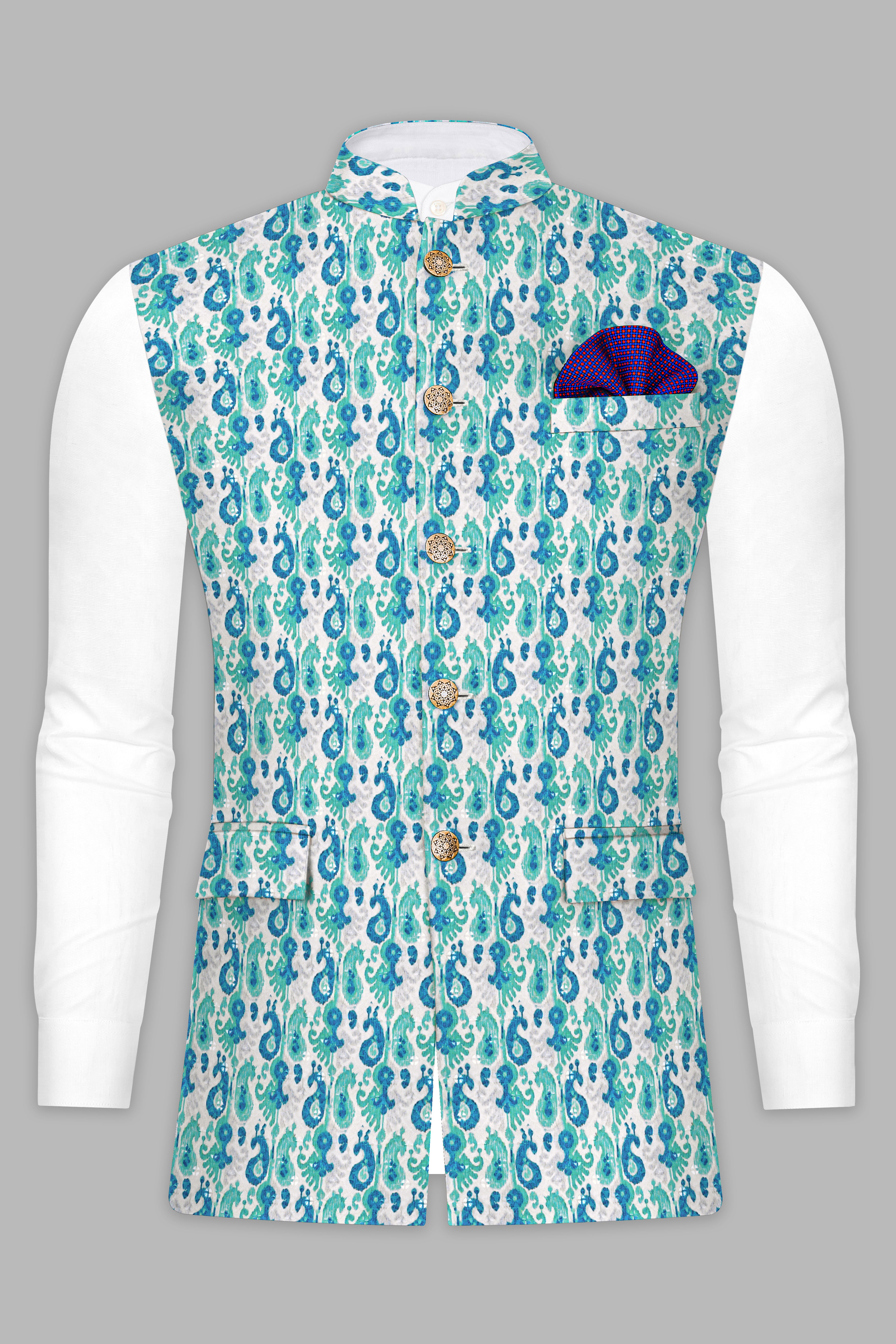 Bright White And Curious Blue Designer Thread Embroidered Nehru Jacket