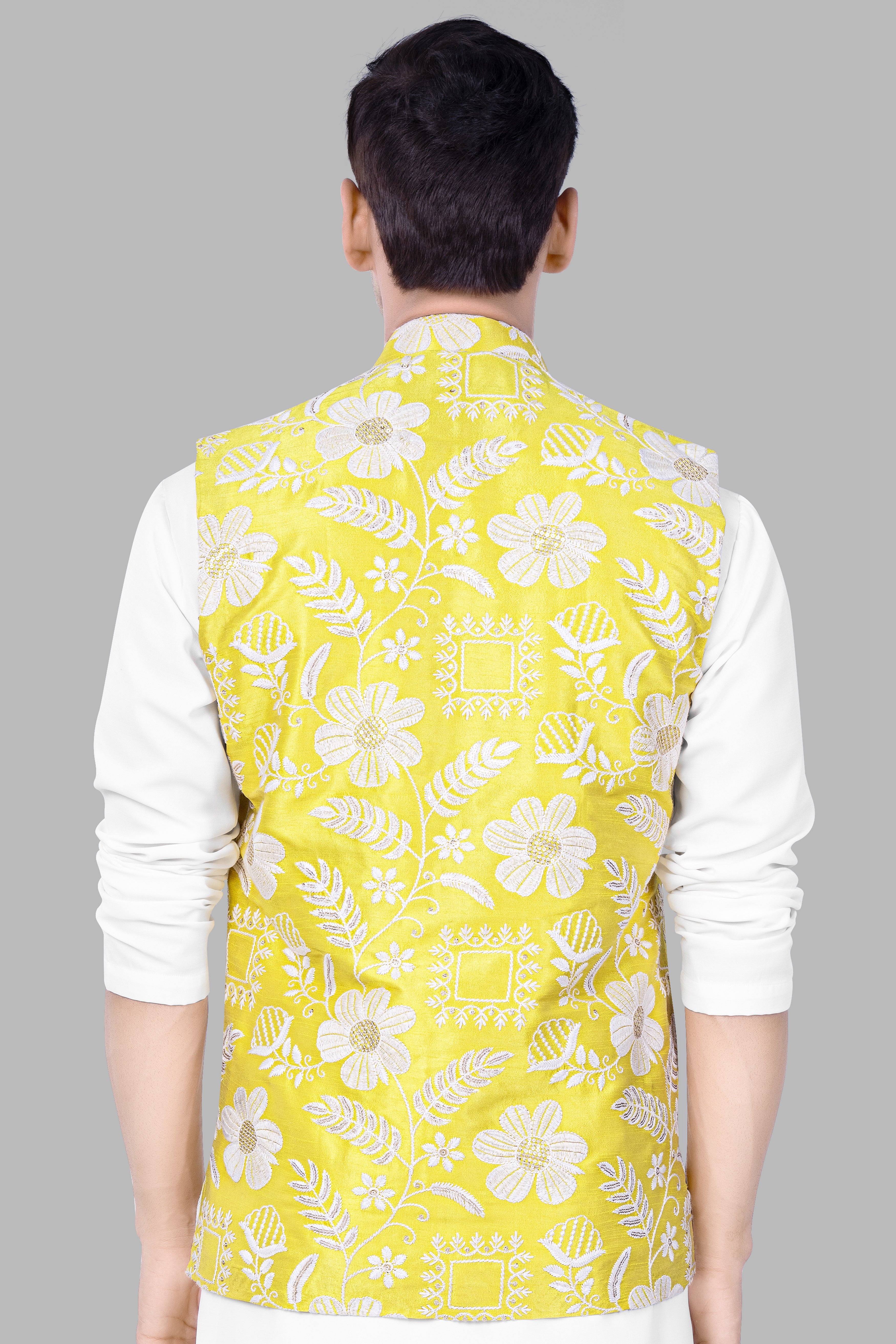 Dandelion Yellow And Bright White Floral Sequin And Thread Embroidered Nehru Jacket