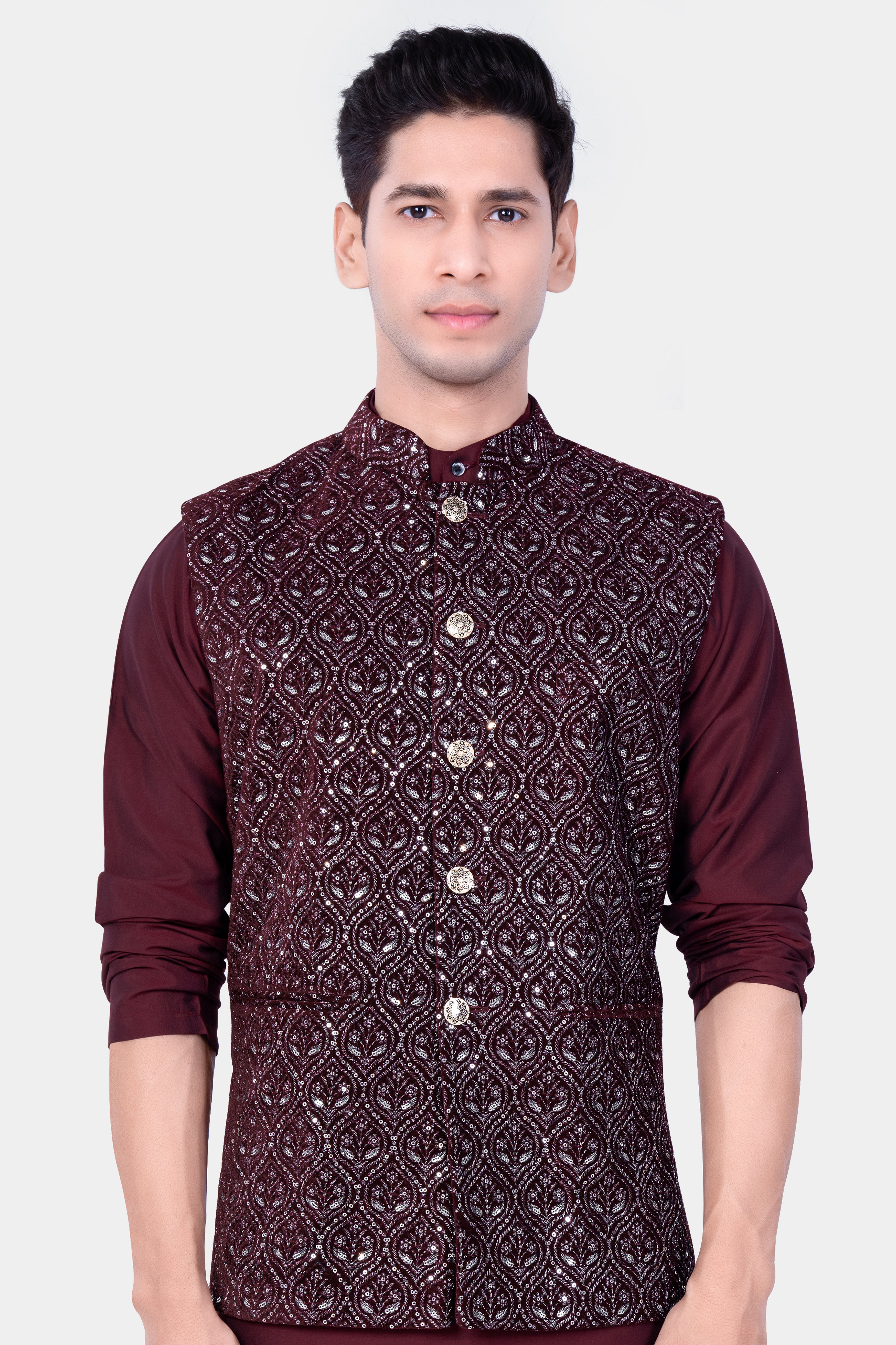Aubergine Maroon With Sequins And Thread Embroidered Nehru Jacket