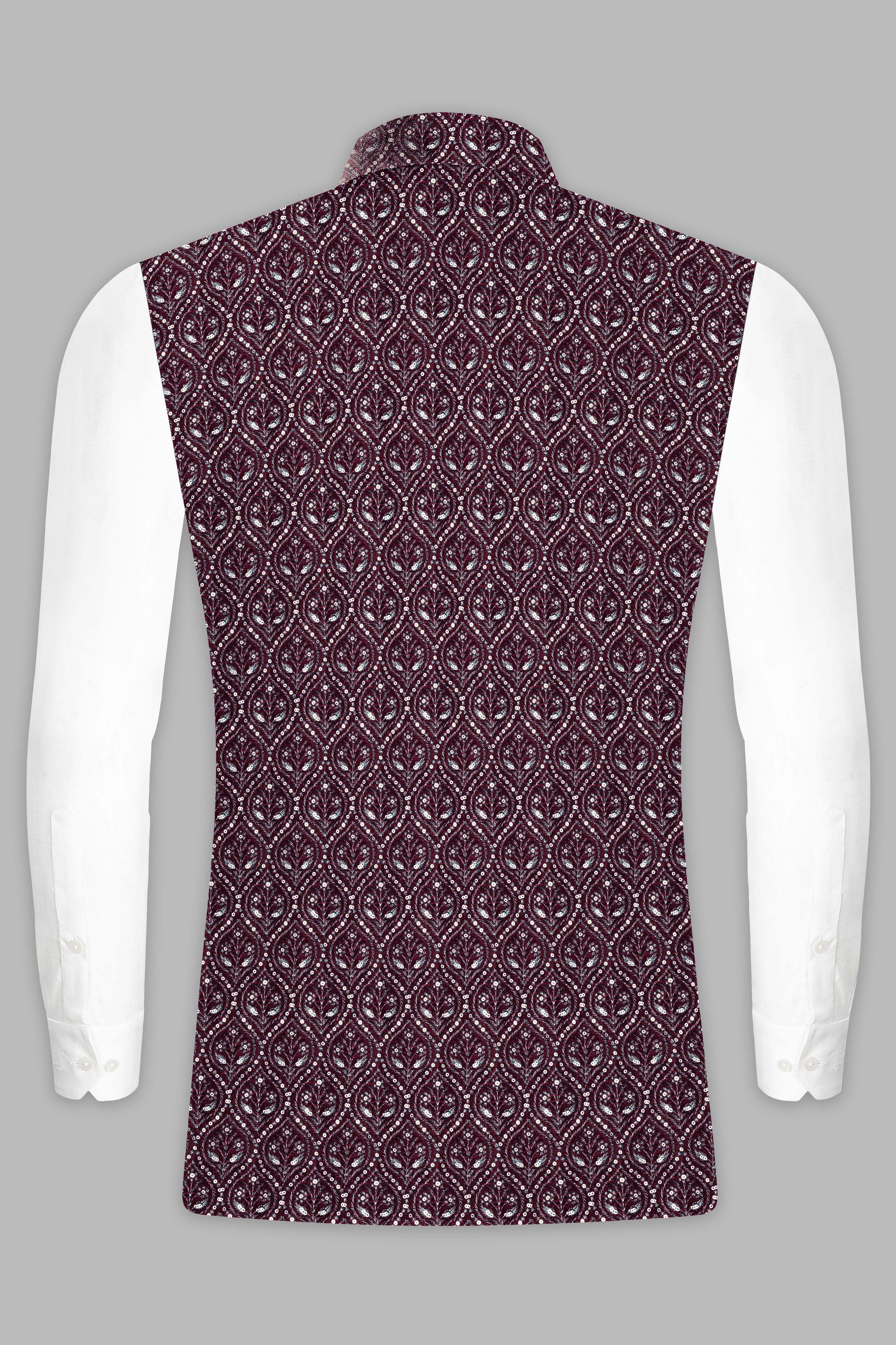 Aubergine Maroon With Sequins And Thread Embroidered Nehru Jacket