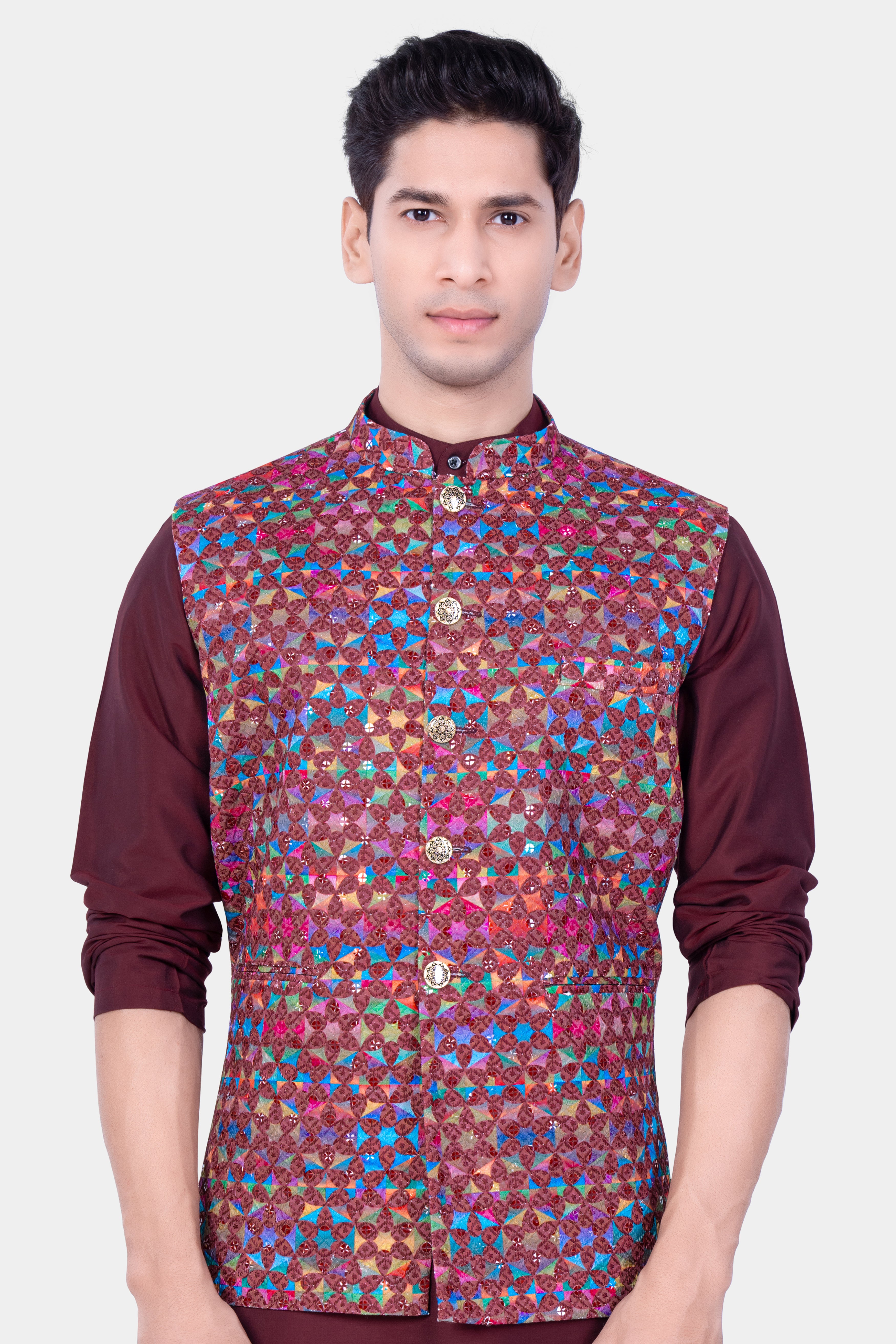 VASTRAMAY Men's Multicolor-Base-Green Cotton Nehru Jacket With White C –  vastramay