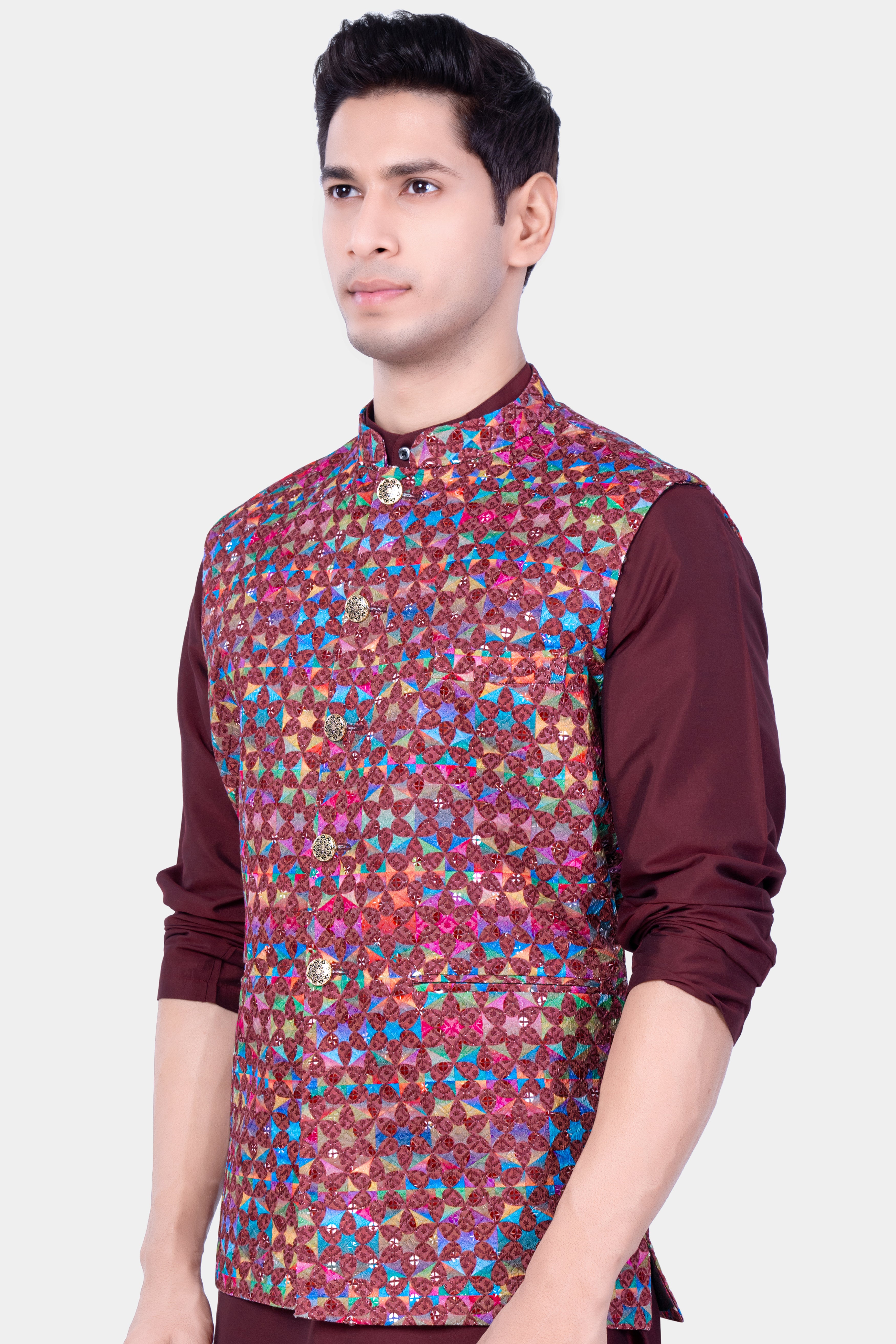 Cordovan Brown And Trendy Purple Multicolour Embroidered Nehru Jacket