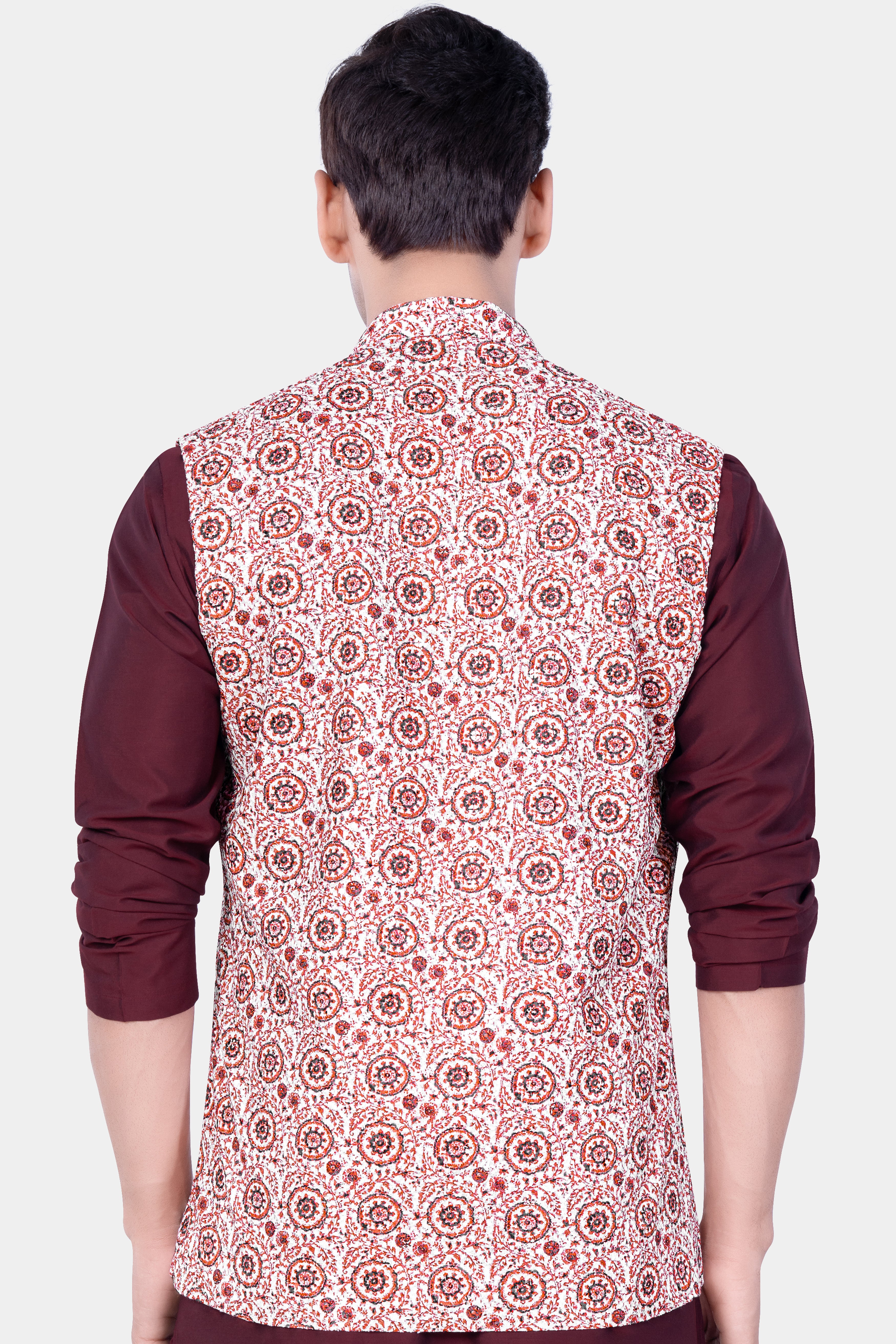 Copper Rust Brown And Bright White Embroidered Nehru Jacket