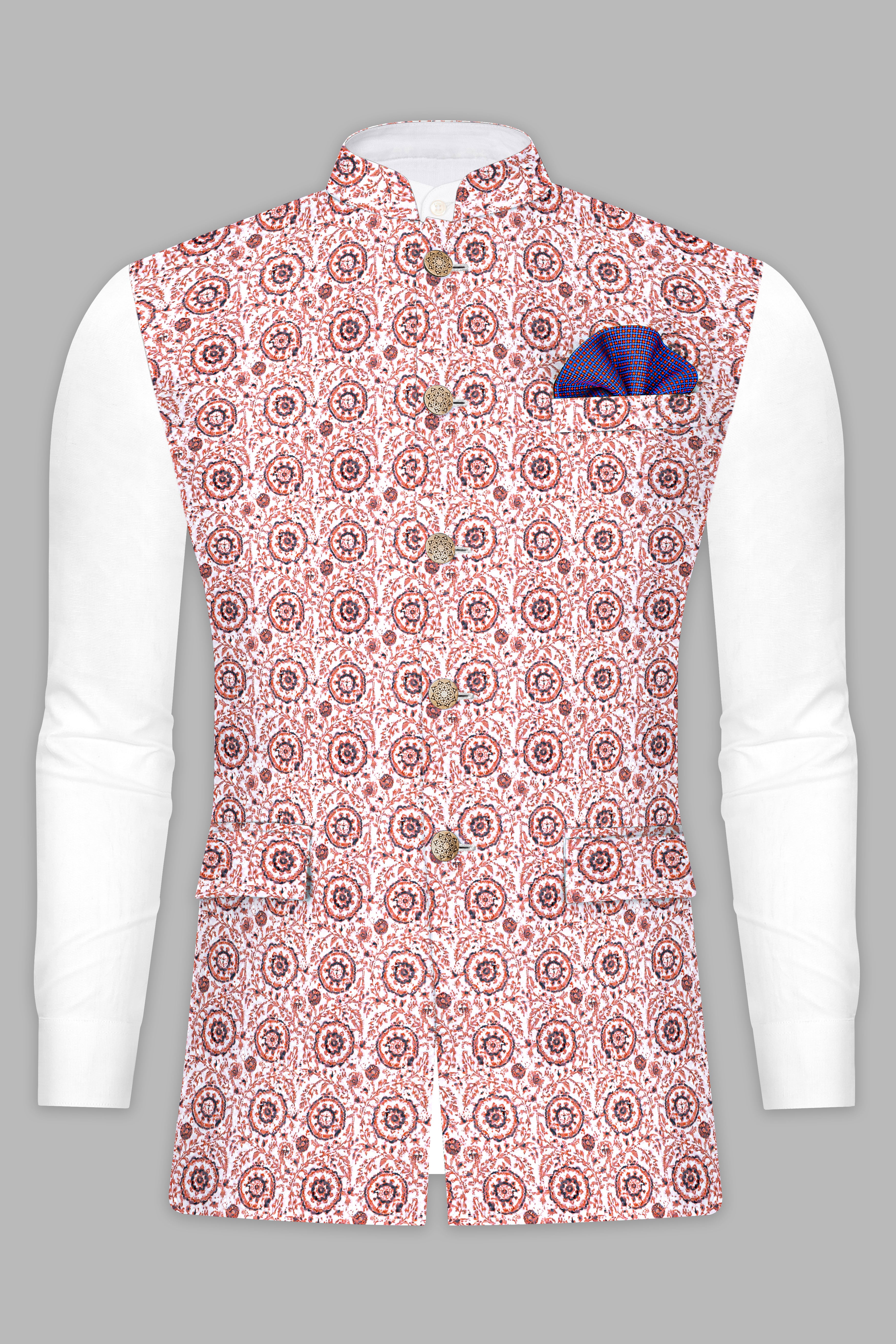 Copper Rust Brown And Bright White Embroidered Nehru Jacket