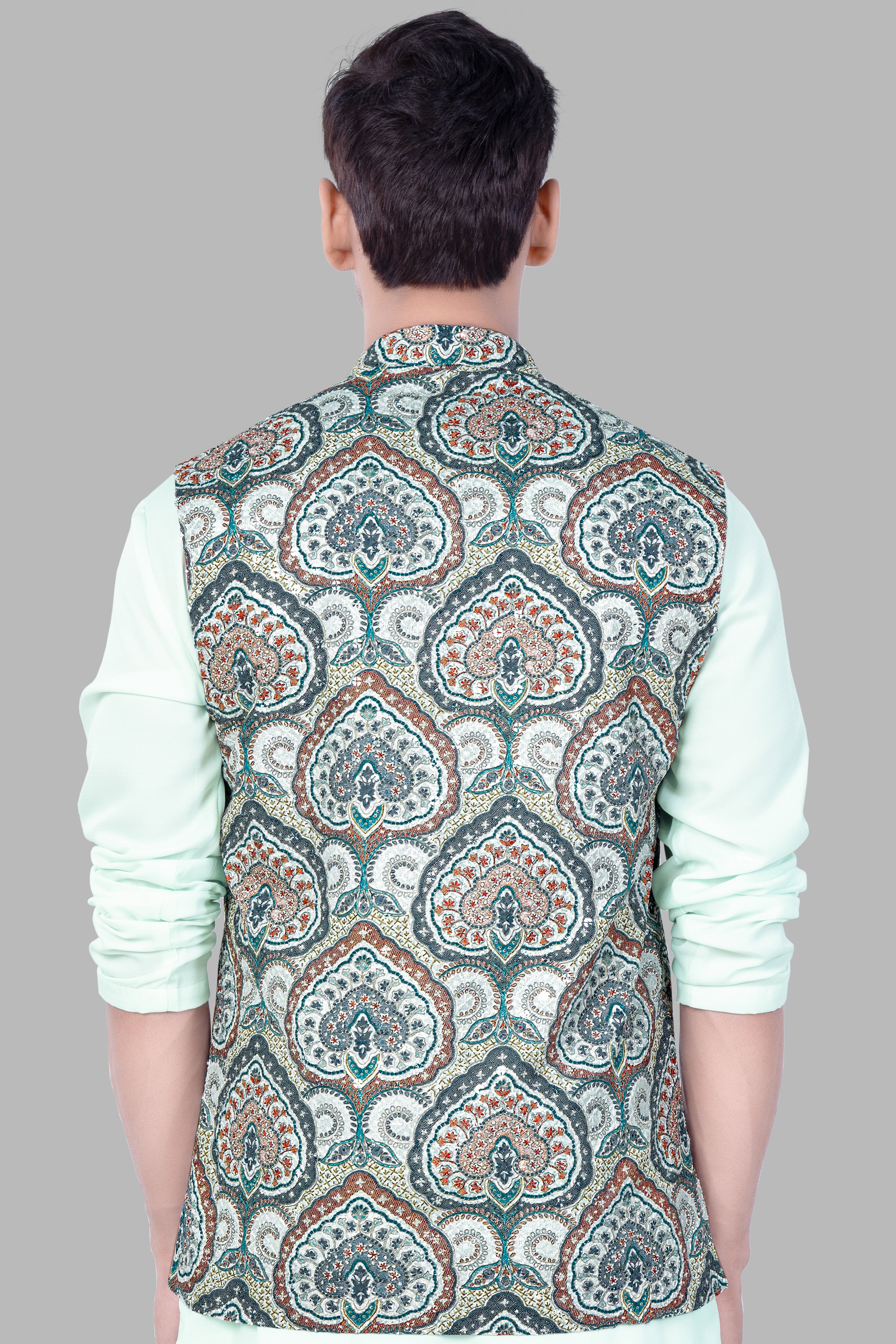 Shiraz Blue And Hippie Red MultiColour Embroidered Nehru Jacket