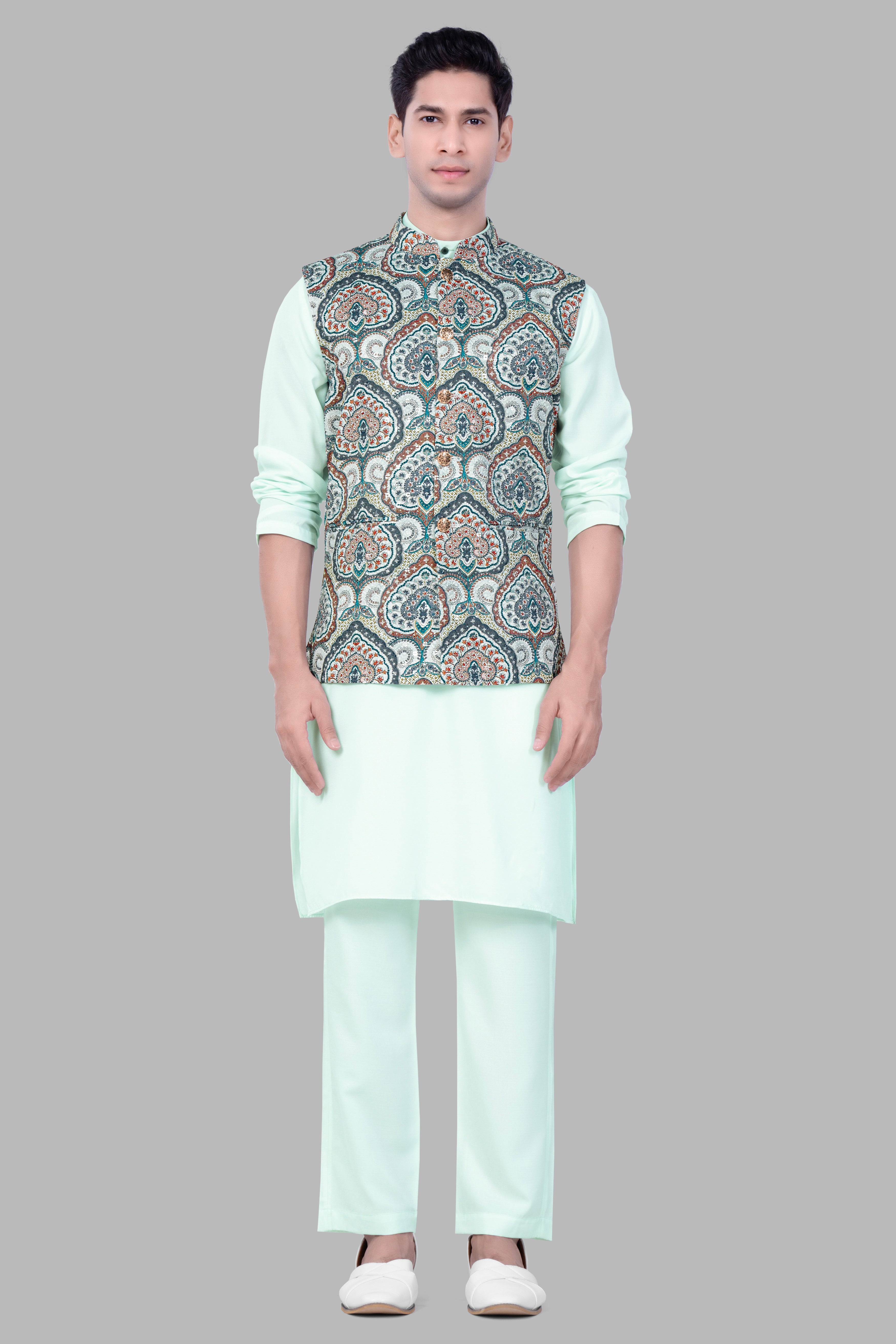 Shiraz Blue And Hippie Red MultiColour Embroidered Nehru Jacket