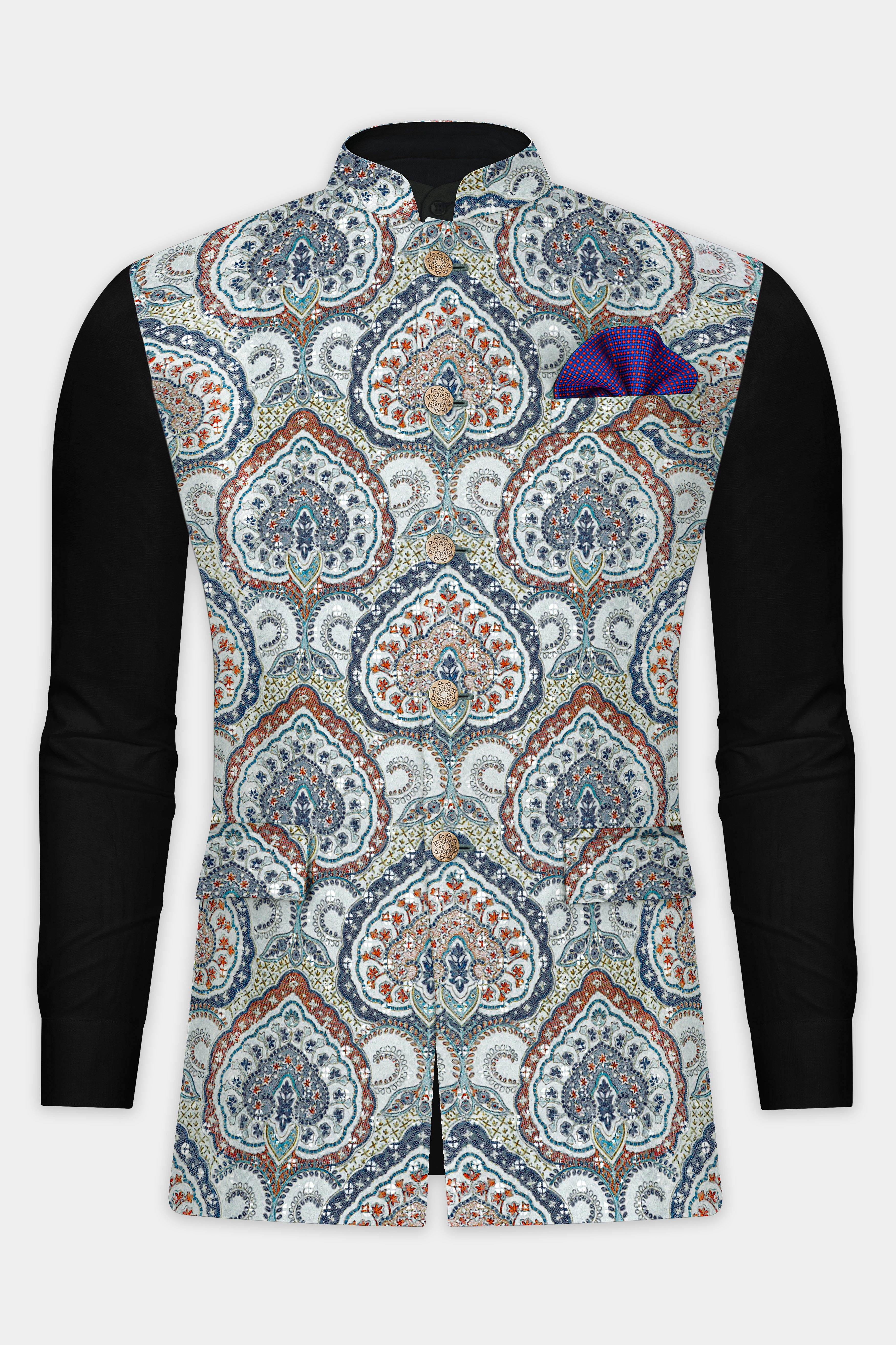 Shiraz Blue And Hippie Red MultiColour Embroidered Nehru Jacket